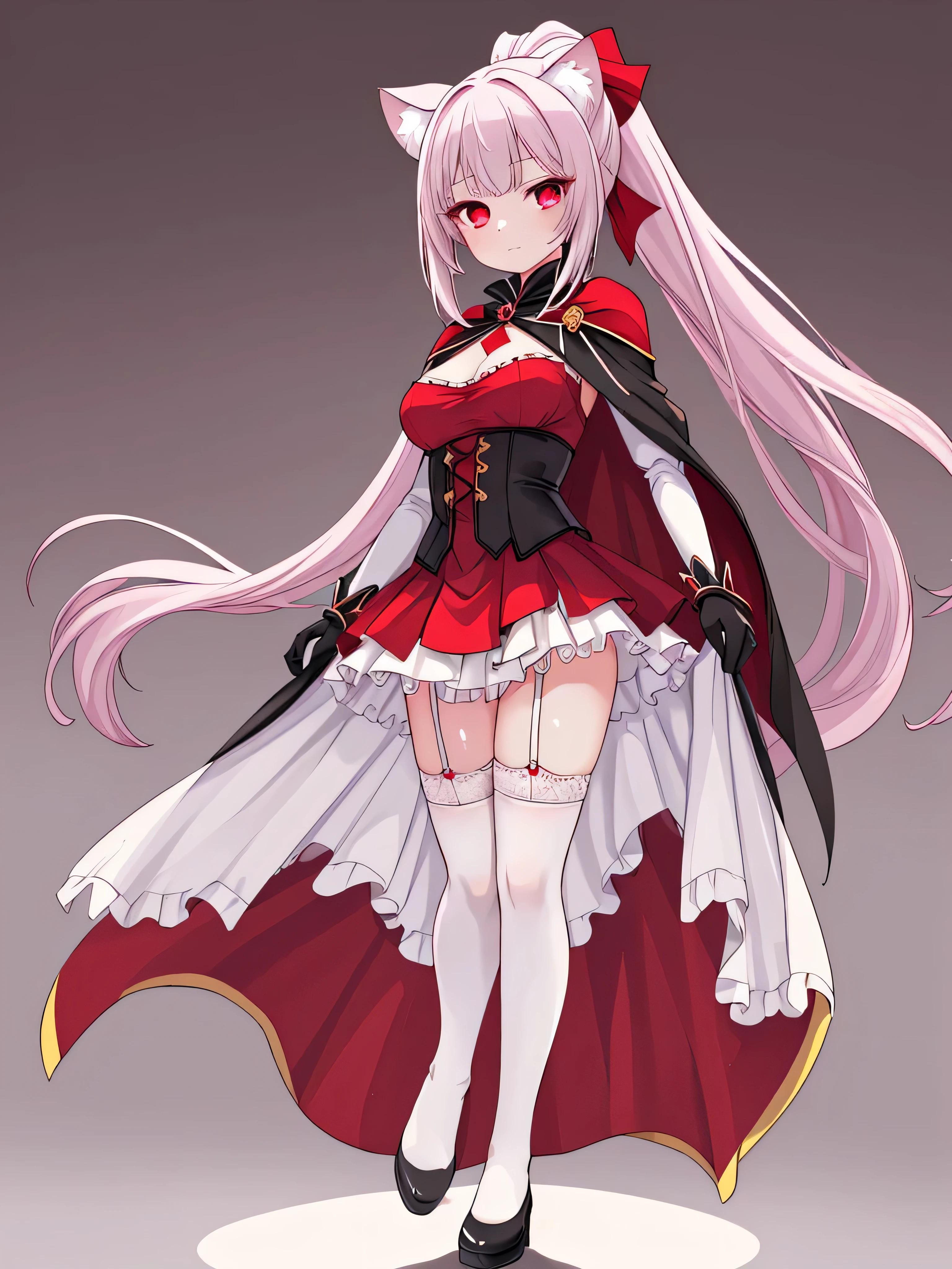 masterpiece, top quality, super detailed, CG illustration, high resolution, better lighting, best shadows, very delicate and beautiful, proper shading, hd, 8k,1girl, solo, long hair, breasts, looking at viewer, bangs, DeepPurple hair, simple background, thighhighs, long sleeves, white background,Bloodred dress,black animal ears, Bloodred eyes, medium breasts, closed mouth, standing, full body, ponytail, cape, Blood dress, white thighhighs, animal ear fluff, garter straps, gold trim