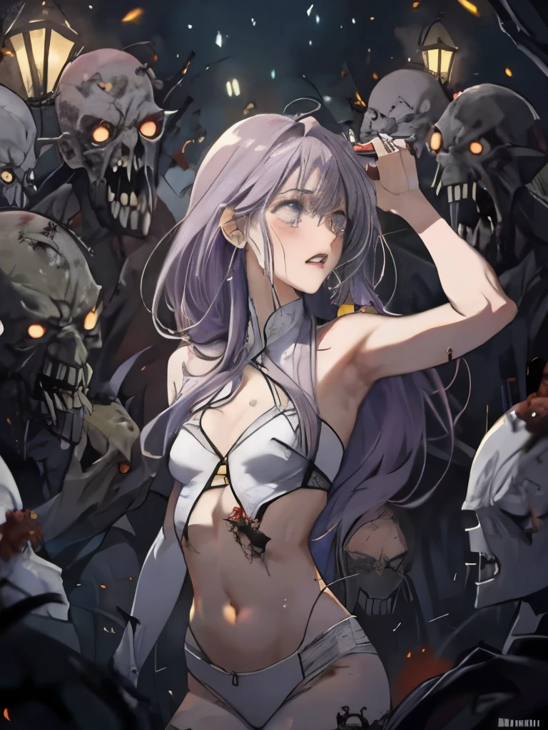 Anime Style　SM　Captive　Slim light purple long hair（Messy Hair）　Beautiful human woman　Medium Chest　White Armor（Medium breast、Cleavage exposed、Off the shoulder、Sleeveless、belly button、Exposed thighs）、White Armorのブーツ　Open your mouth a little、Cry　Terrified　Eyes are half white　Tears overflow 1:5　Please open your arms a little　No resistance　nightmare　Dirty black tentacles clinging to me 1:5　Desperate　Dungeons　another world　Get caught by a lot of zombies 1:5　Chest-touching zombie 1:5　Many zombies cling to your body...:7　Zombie touching crotch 1:5　Multiple zombies grab your arms 1:5　Give up　Surrounded by a bunch of zombies　Long legs　Many zombies grab my legs 1:3　Constrained　Surrounded by a bunch of zombies　Humiliation 1:3　rape　Sacrifice 1:3　Pitch black hell