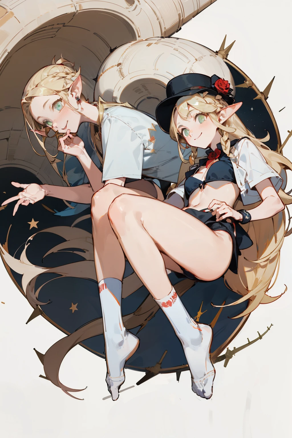 A bikini、girl in a hat,(masterpiece, best quality) detailed,silver accessories , Blonde ,elegant, Pointed ears ,White shirt,Double tail,Waist-length hair,Smile,Star decoration,White lace socks,thorns,Rose,Vest line