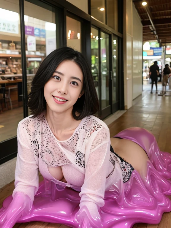 8k quality，masterpiece,best quality,cleveage,Shopping street,(Perfect body beauty:1.2),Black underwear exposed,，Smile，Go shopping,sweater open,A woman who looks 50 years old,Slightly plump women，A beautiful woman who looks a bit older，Micromeat，Slime Shapeshifter，