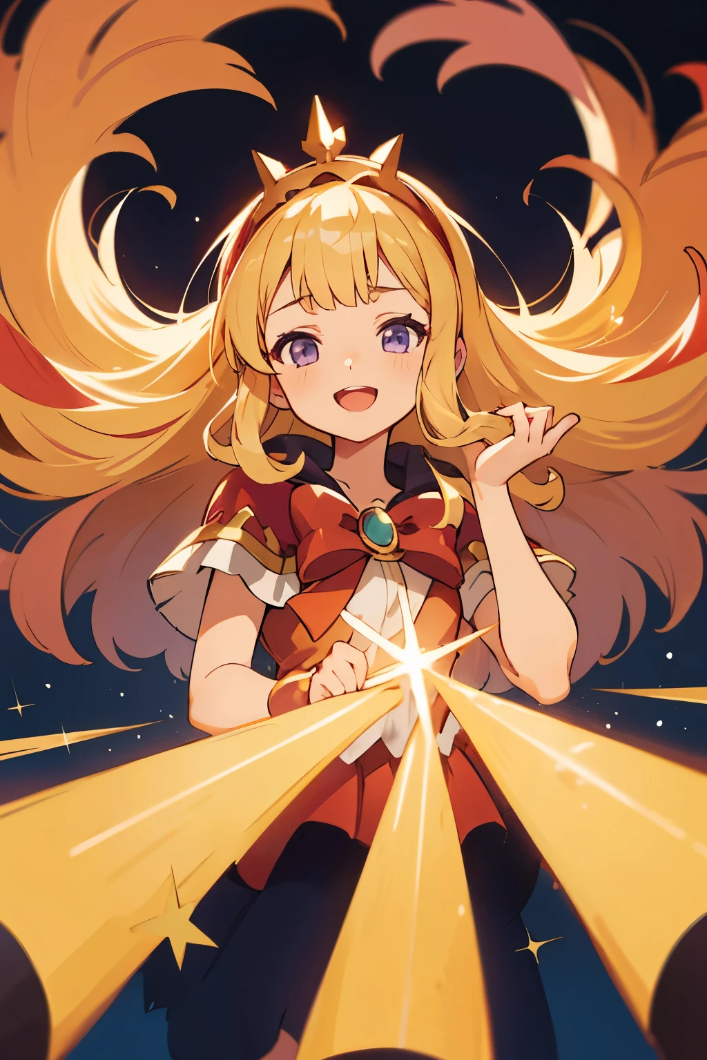 One girl, alone, Character preview illustration, Blonde, Purple eyes, Cagliostro, Long Hair, CagliostroBase, hair band, Crown, Black knee socks, Red Bow, skirt, red skirt, Cape, Small breasts, smile, Open your mouth, Face Focus, Extension arm, hand outside frame, Upper Body, avert your eyes, Star decoration, pretty girl, Shine, White Background, Transparent Background, Beautiful illuminations, Light of the sun, Topics on pixiv, masterpiece, 8k, highest quality