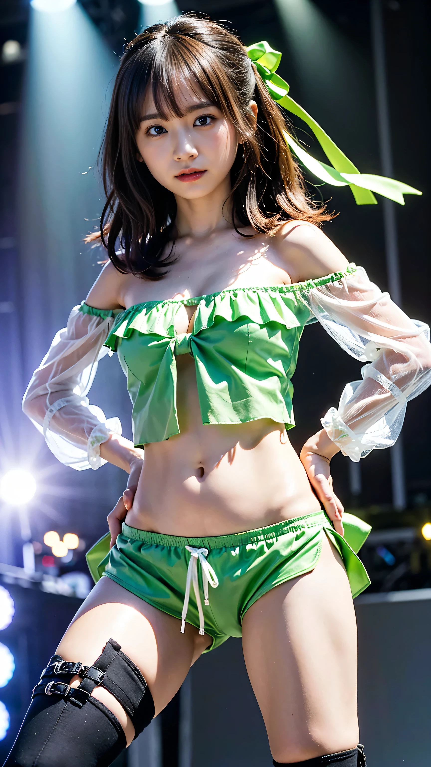 (8k、RAW Photos、highest quality、masterpiece:1.2)、(Realistic、Realistic)、1 girl、((Ruffled Costume、belly button、Off the shoulder、green、ribbon、boots、See-through、Shorts、Large Breastedium Hair、View from the front、stage、Standing with hands on hips))、Lots of eyelashes、Glowing eyelids、skeletally correct