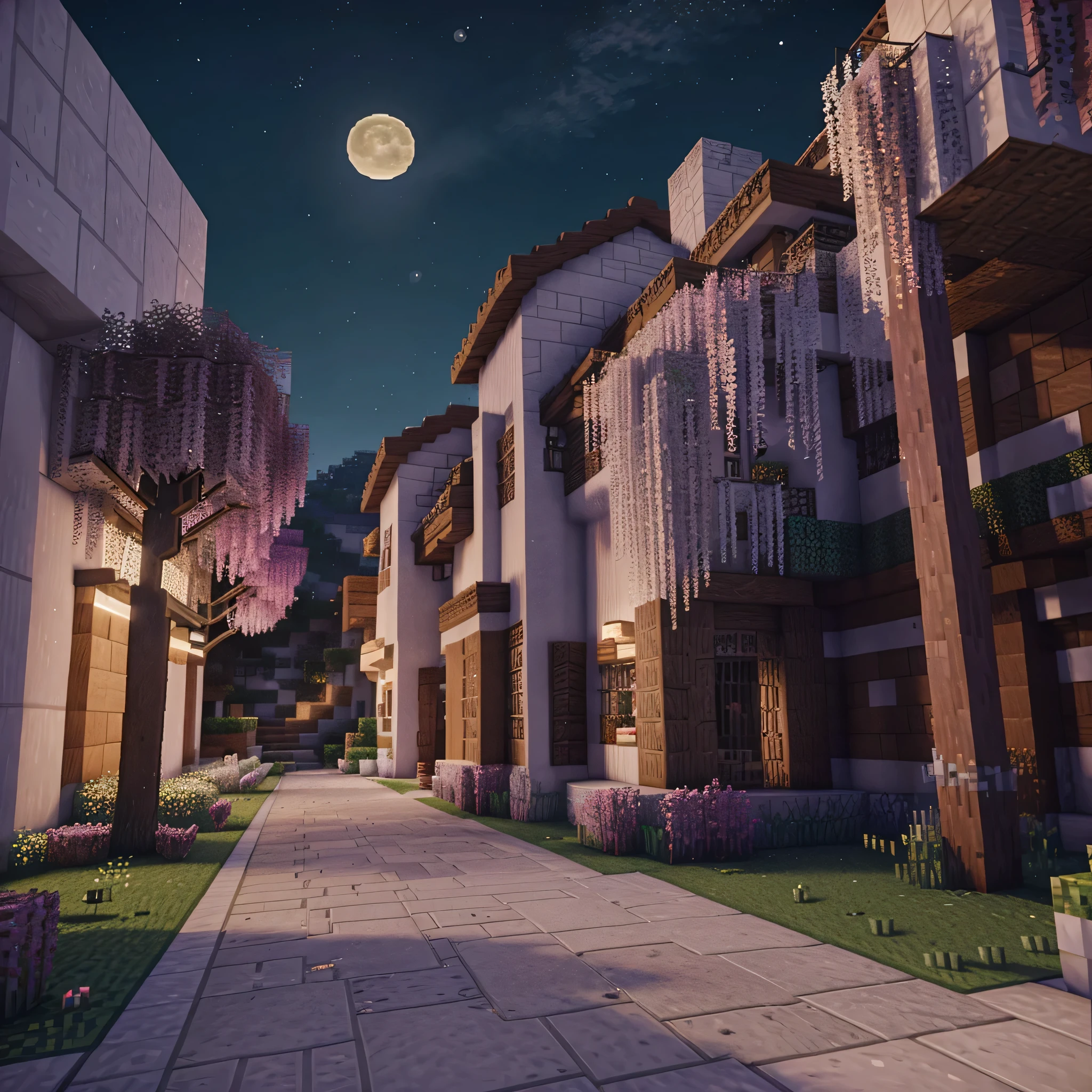 texto da lua roxa, with a lilac moon in a minecraft setting