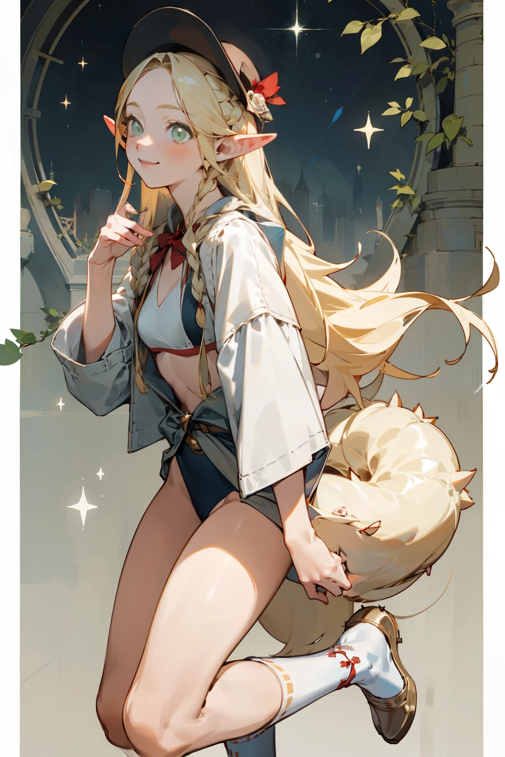 A bikini、girl in a hat,(masterpiece, best quality) detailed,silver accessories , Blonde ,elegant, Pointed ears ,White shirt,Double tail,Waist-length hair,Smile,Star decoration,White lace socks,thorns,Rose,Vest line
