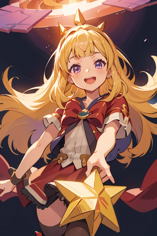 One girl, alone, Character preview illustration, Blonde, Purple eyes, Cagliostro, Long Hair, CagliostroBase, hair band, Crown, Black knee socks, Red Bow, skirt, red skirt, Cape, Small breasts, smile, Open your mouth, Face Focus, Extension arm, hand outside frame, Upper Body, avert your eyes, Star decoration, pretty girl, Shine, White Background, Transparent Background, Beautiful illuminations, Light of the sun, Topics on pixiv, masterpiece, 8k, highest quality