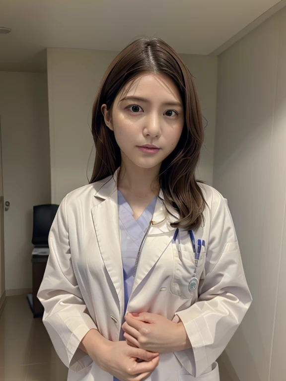 (kawashimaumika), (RAW Photos, highest quality),In a hospital examination room with natural light、Generate a cowboy shot image of a woman with smooth hair as a female doctor。She wore a lab coat over her scrubs.、Holding a stethoscope in hand。Her expression is full of confidence、Make sure you look professional。In the background、The image shows an examination room equipped with medical equipment and supplies.、It has a hospital atmosphere。Her hair is smooth and well-groomed.、It exudes cleanliness and professionalism.。Her pose is natural yet powerful.、Impress observers with your confidence and expertise。The generated image iedical related ads and websites、It is intended for use in medical journals, etc.。