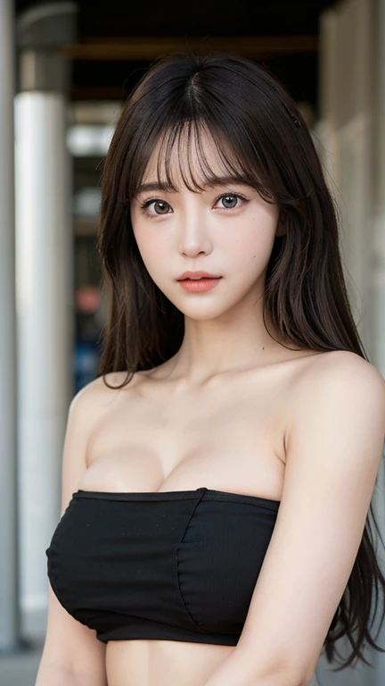 (wearing black tube top :1.4) , (detailed face:1.2), detailed hand , high quality, super quality, (detailed face:1.2), beautiful woman , golden eyes, long hair , sharpe eyebrow , beautiful bangs are covering her eyes ,(huge breast), (No nudity), at street