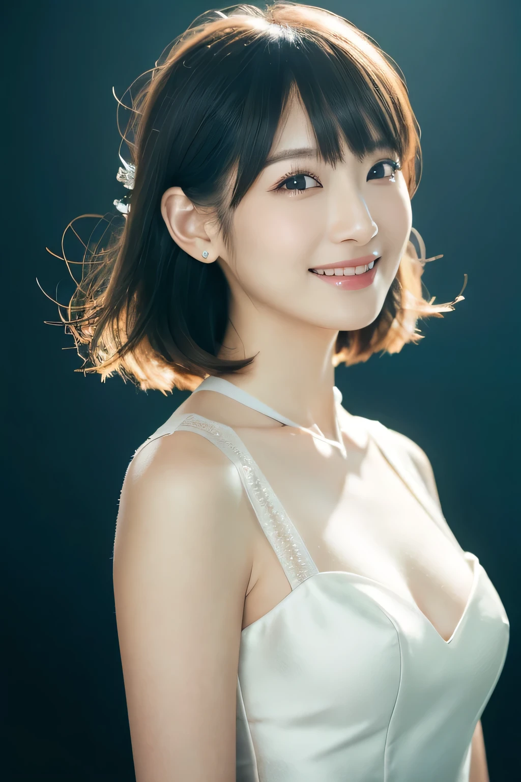 1 girl, (Wearing a white stage costume:1.2), Very beautiful Japanese idol portraits, 
(RAW Photos, highest quality), (Realistic, Realistic:1.4), (masterpiece), 
Very delicate and beautiful, Very detailed, 2k wallpaper, wonderful, finely, Very detailed CG Unity 8K wallpaper, Very detailed, High resolution, Soft Light, 
Beautiful detailed girl, Very detailed目と顔, Beautiful and sophisticated nose, Finely beautiful eyes, Cinema Lighting, 
(Simple light color background:1.3),
(Medium Hair), (bangs), 
Complete Anatomy, Slender body, Small breasts, smile