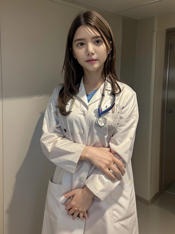 (kawashimaumika), (RAW Photos, highest quality),In a hospital examination room with natural light、Generate a cowboy shot image of a woman with smooth hair as a female doctor。She wore a lab coat over her scrubs.、Holding a stethoscope in hand。Her expression is full of confidence、Make sure you look professional。In the background、The image shows an examination room equipped with medical equipment and supplies.、It has a hospital atmosphere。Her hair is smooth and well-groomed.、It exudes cleanliness and professionalism.。Her pose is natural yet powerful.、Impress observers with your confidence and expertise。The generated image iedical related ads and websites、It is intended for use in medical journals, etc.。