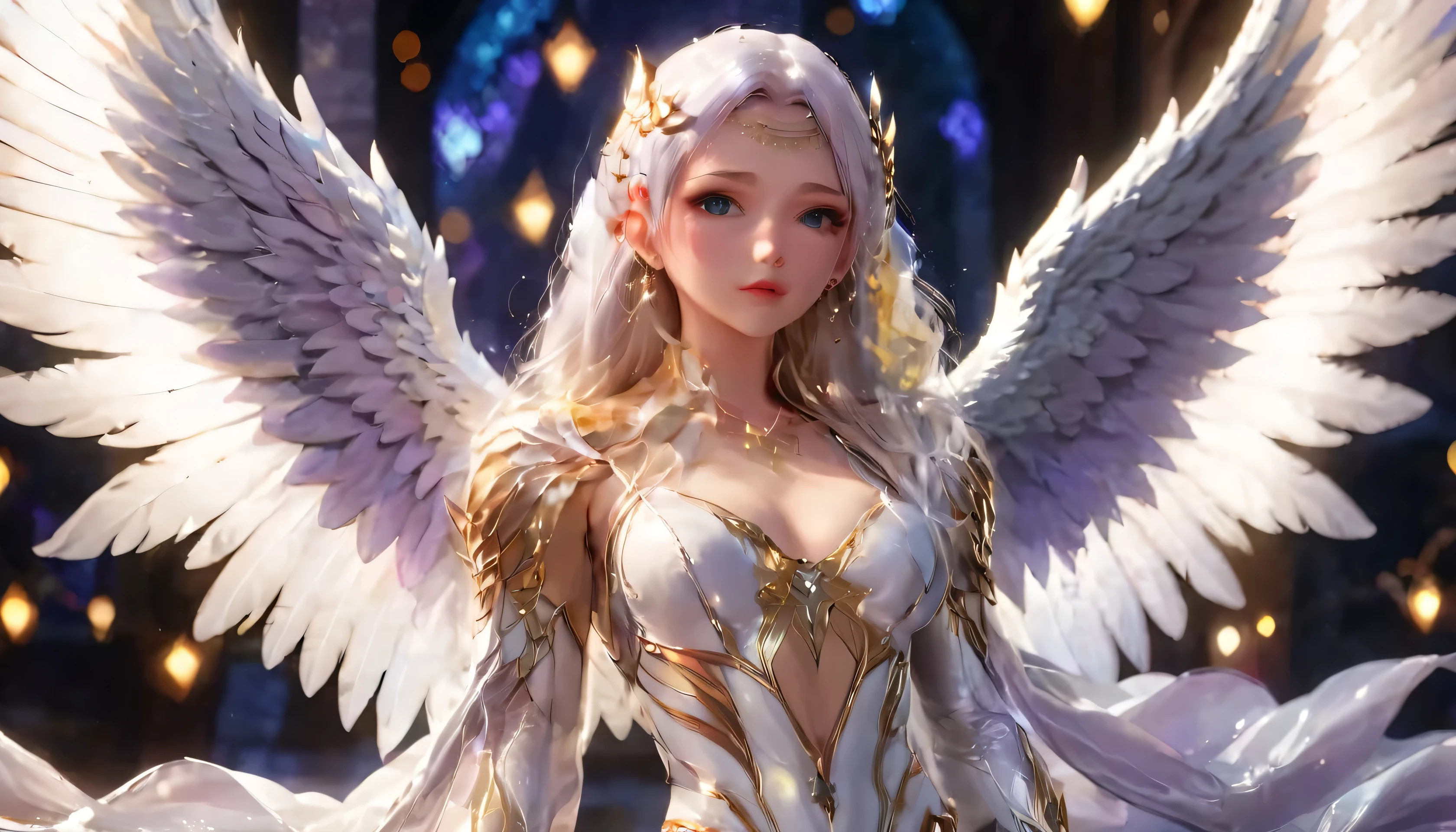 White and Gold, Movie photos full body female archangel, Slender legs, her appearance is perfect. Has a beautiful face and anime realistic style, She exudes a kind of cold and detached beauty, There are six pairs of wings on the back. Huge angel feather wings, (Perfect anatomical structure:2), porcelain impression, (The light of the Alps:1.2), Triangular face, Platinum White Hair, Eye roll, Quite upturned nose, Thin lips, Natural rounded chin, Long white hair, , messy waves, Large Breasts, Elf ears, Gemstone Earrings, Lavender Satin Lipstick, (fairy lights), [(detail:1.2): [ (many small detail:1.3) : [ (many ultrasmall detail: 1.2):(Very detailed ultra-small edges and micro-relief:1.5):0.7 ]: 0.4 ] :0.2]