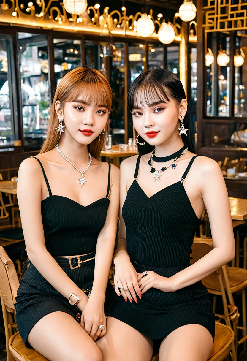 2 Thai women, cute like stars Jewelry, diamond necklaces, hoop earrings People posing for photos in a restaurant, Nixeu e Sakimi-chan, in black, Lalisa Manoban, Ulzzang, # OC, #OC, profile picture, Jin Yong Canela, Saki Mijang, TWICE, Bae Suzy, Reon Jia and Atgerm, two girls, both with red lips, Jae Yeonnam, close-up view