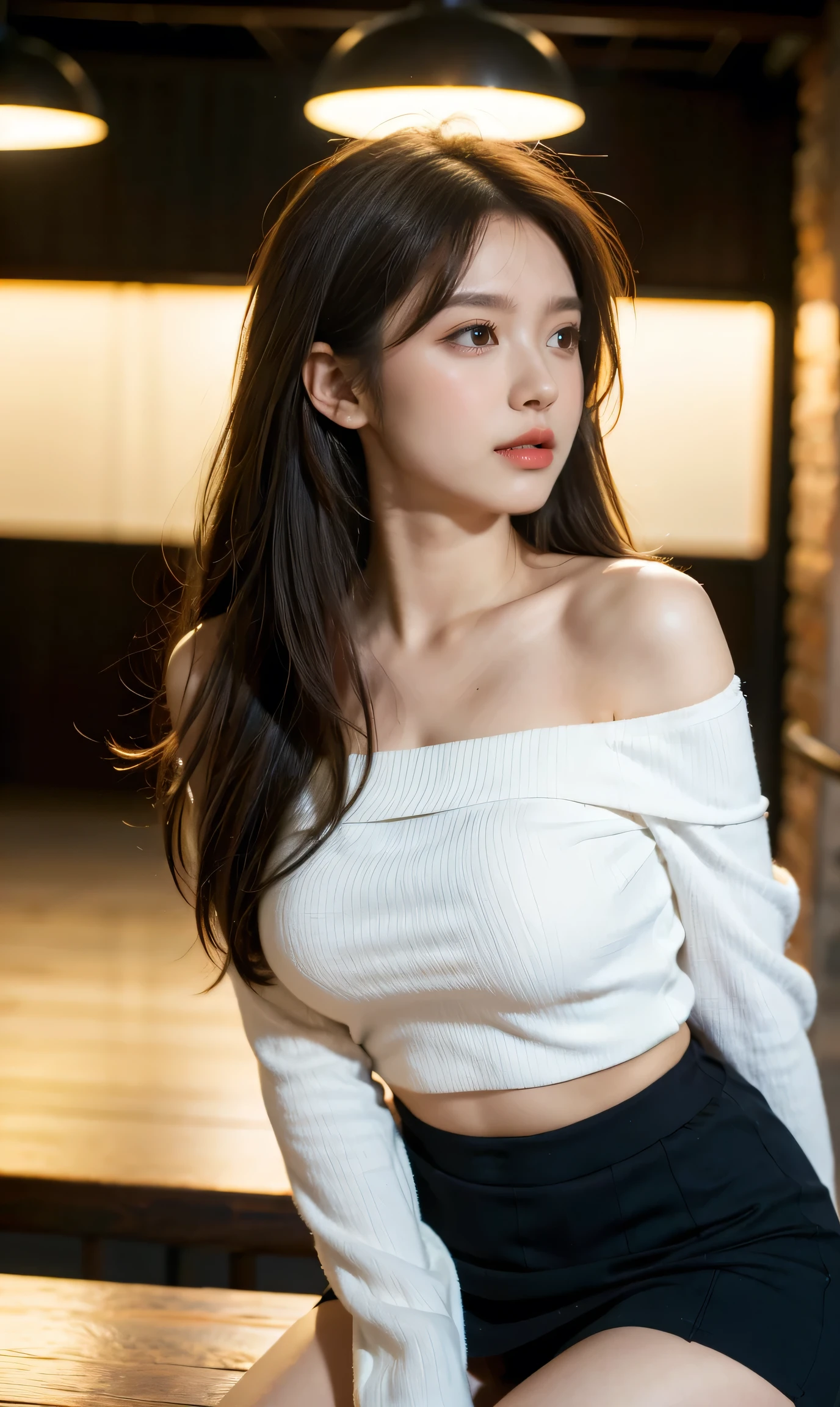 Ulzzang-6500-v1.1, (RAW Photos:1.2), (Realistic:1.4), Beautiful detailed girl, Very detailed eyes and face, Beautiful and fine details, Ridiculous, Incredibly ridiculous, Huge file sizes, Very detailed, High resolution, Very detailed, highest quality, Tabletop, ((off-the-shoulder white shirt)), figure, Very detailed, nffsw, Unified, 8K Wallpaper, wonderful, The finer details, Tabletop, highest quality, Highly detailed nffsw unity 8k wallpaper, Face Light, Cinema lighting, One girl, 16 years old, (Look down)), ((Dynamic pose))), (Camel Toe), (profile),((Troubled face)),skirt,((Drooping eyes)),Leaning forward、Place your hand on your chest、