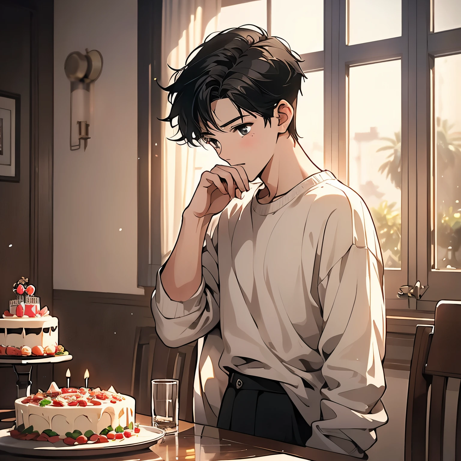 A short black hair，18-year-old boy wearing a white sweater，Standing in front of the dining table in the house，Looking out the window with your face tilted.5，Holding a birthday cake in hand，Sad expression，Laughing and crying 1.5，Tears 1.5，Sad atmosphere（Upper body display：1.5）（cinematic lighting：1.5）)(ultra-high detail:1.5)(best quality:1.5)