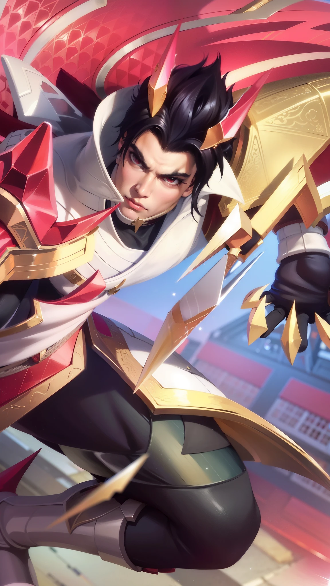 a close up of a guy with a sword and a red cape, son of sparda, handsome guy in demon slayer art, Best quality, masterpiece, detailed skin texture, detailed clothes texture, detailed face, super detail, 8k, intricate detail, The color doesn't change, Muscle guy, 1 guy.