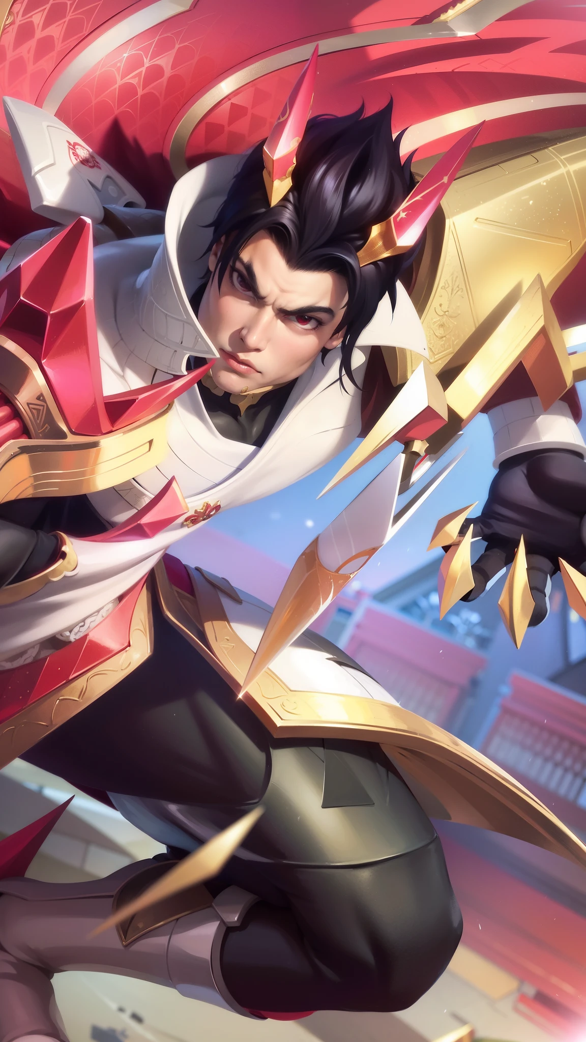 a close up of a guy with a sword and a red cape, son of sparda, handsome guy in demon slayer art, Best quality, masterpiece, detailed skin texture, detailed clothes texture, detailed face, super detail, 8k, intricate detail, The color doesn't change, Muscle guy, 1 guy.
