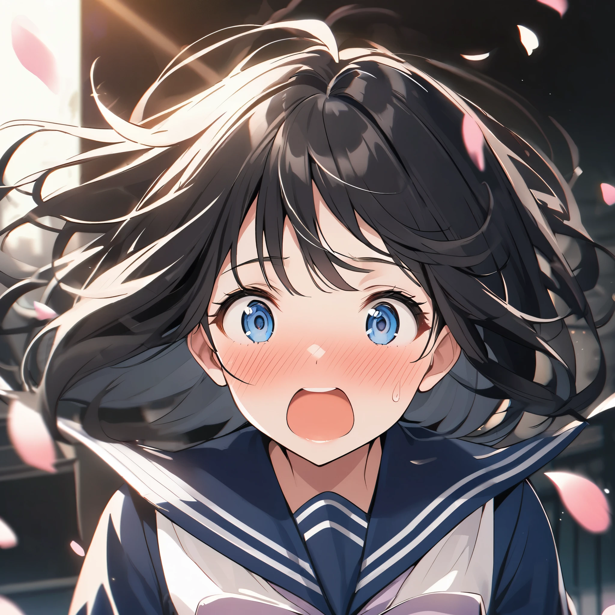 Front view、Black Hair、Bangs rising、The wind blows from the front、Forehead、Cherry blossom petals、Sailor suit、Upper Body、Surprised、Eyes Wide Open、Blushing、Surprise、fall in love、Close your mouth、True Face