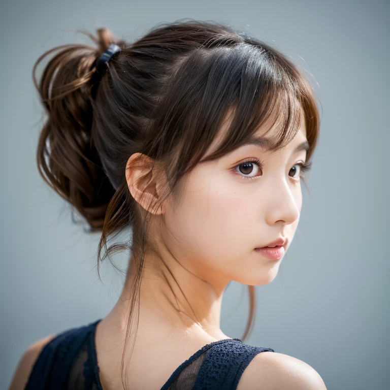 (8k, RAW photo, best quality, masterpiece:1.2), High detail RAW color photo, professional photograph,((a girl is very beautiful and very cute)),((low side ponytail hairstyle:1.37)),the girl is 12 years old,((the point of view from her front:1.37)),
