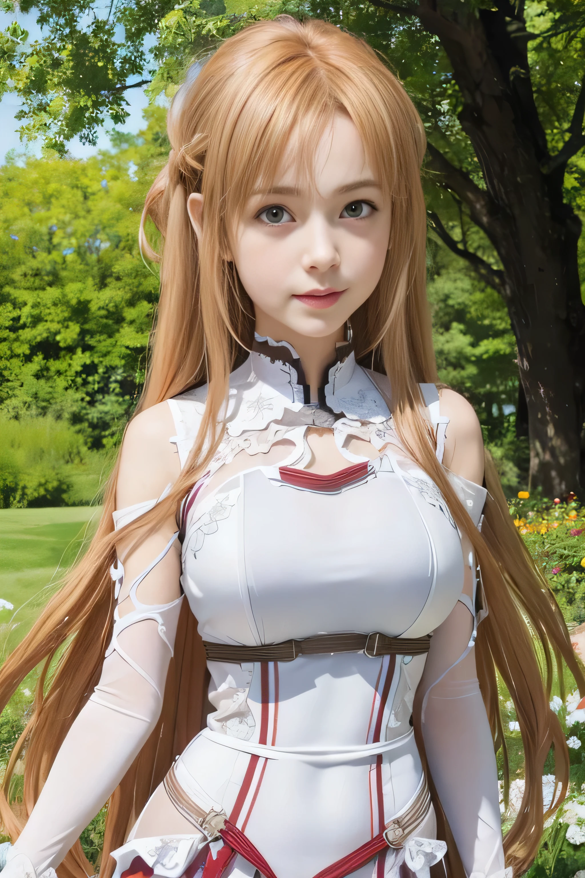 masterpiece, best quality, (realistic,photo-realistic:1.4), (RAW photo:1.2), extremely detailed CG unity 8k wallpaper, delicate and beautiful, amazing,finely detail, official art, absurdres, incredibly absurdres, huge filesize, ultra-detailed,extremely detailed eyes and face,light on face,little smile,asuna yuuki,(caramel hair:1.4),(wearing lingerie:1.4),jungle background,long hair