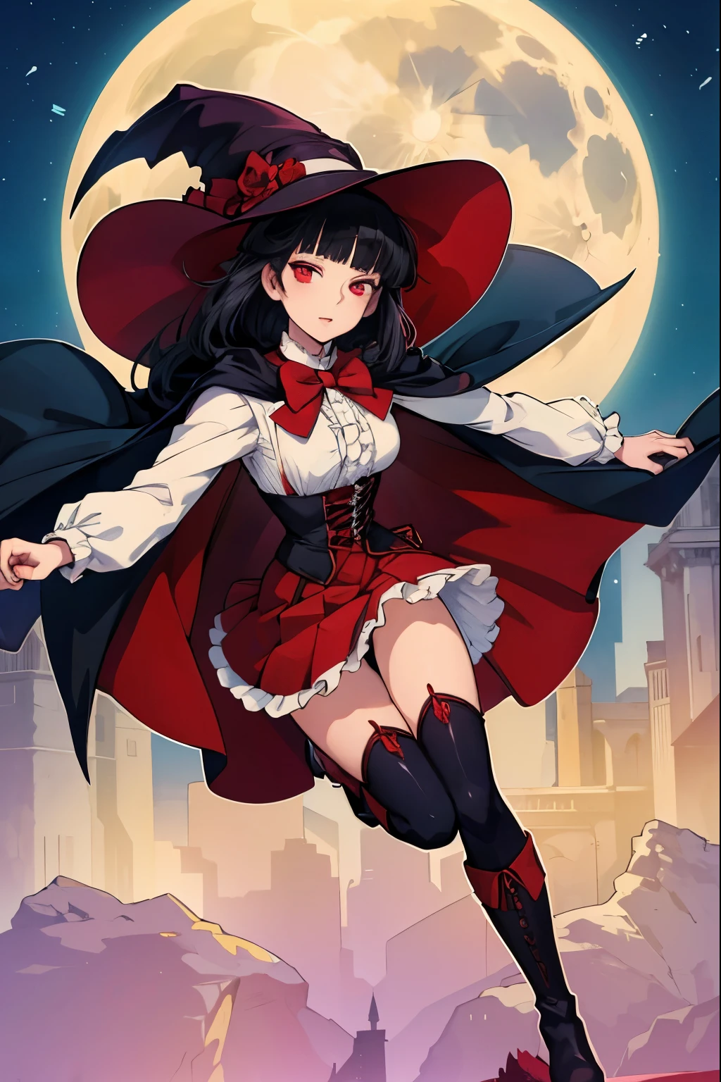 anime girl, tall, short black hair, Bangs are heavy, vampire, red eyes, ((best quality)), ((highly detailed)), masterpiece, absurdres, (detailed eyes, deep eyes), (1girl), cape, Outside at night when the moon shines, dress, frills, The sleeves are wide at the hem, long sleeve shirt, black tie, Stockings, boots