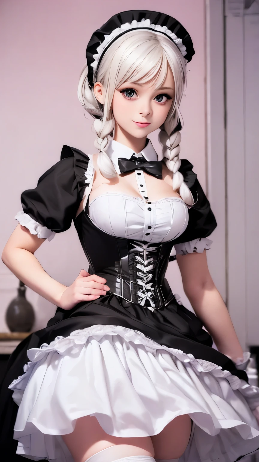 best quality, masterpiece, super high resolution, (realistic:1.4), original photo, 1girl, white legs, white eyes, ((white hair)), collarbone, dress, drilled hair, frilled dress, frilled dress, glove, hair accessory, high resolution, league of legends, long hair, parted lips, fluffy sleeves, white pupils, smile, solo, white dress, x, x hair ornament, delicate face, standing, eyeliner, lipstick, lips, red lips, ((white stockings)), (blush), White eyelashes