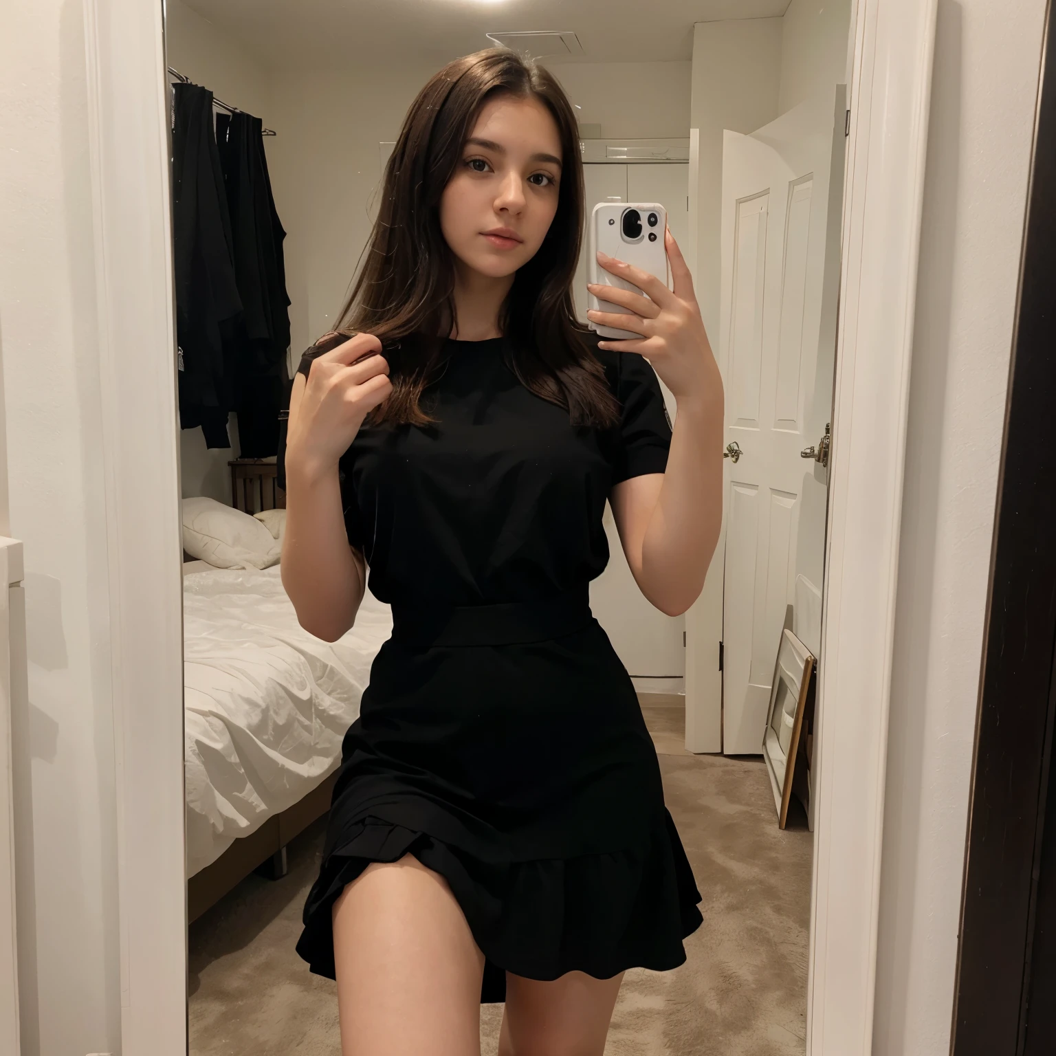 Black and brown mixed hair,brown eyes, milky white skin, Canadian girl, 19yr old ,mirror selfie pic  , with skirt, wear full black dress