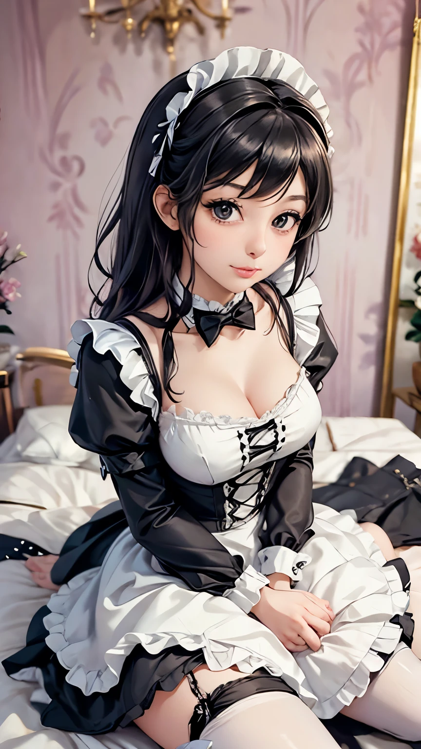 arafed woman in a black and white dress and white socks, maid outfit, maid costume, french maid, thighhighs and skirt, wearing maid uniform, gorgeous maid, maid dress, japanese maid cafe, wearing atsuko kudo latex outfit, cosplay of a catboy! maid! dress, anime girl in real life, dressed as 