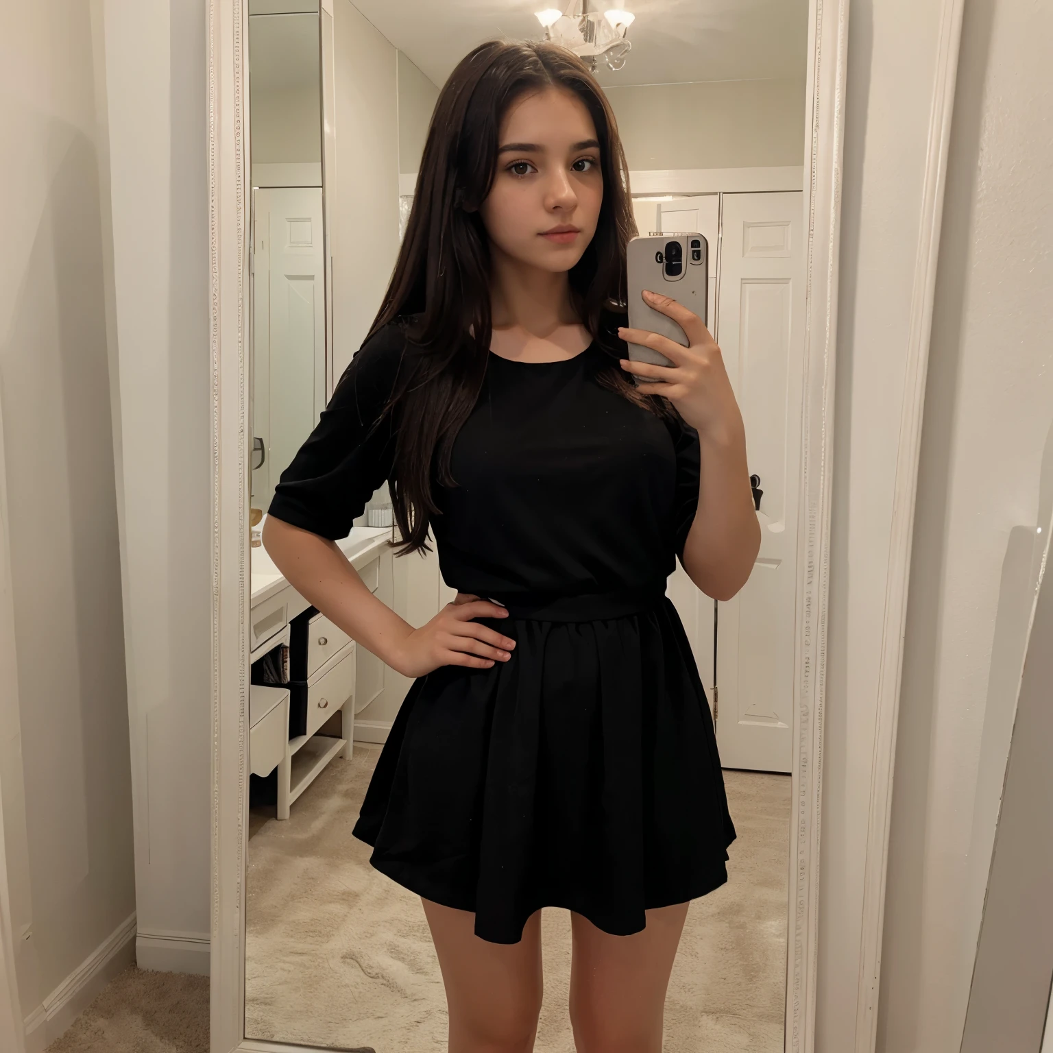 Black and brown mixed hair,brown eyes, milky white skin, Canadian girl, 19yr old ,mirror selfie pic , with skirt, wear full black dress