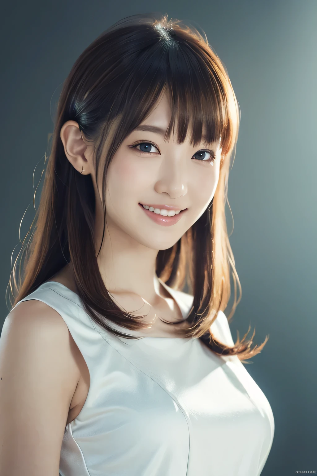 1 girl, (Wearing a white stage costume:1.2), Very beautiful Japanese idol portraits, 
(RAW Photos, highest quality), (Realistic, Realistic:1.4), (masterpiece), 
Very delicate and beautiful, Very detailed, 2k wallpaper, wonderful, finely, Very detailed CG Unity 8K wallpaper, Very detailed, High resolution, Soft Light, 
Beautiful detailed girl, Very detailed目と顔, Beautiful and sophisticated nose, Finely beautiful eyes, Cinema Lighting, 
(Simple light color background:1.3),
(Medium Hair), (bangs), 
Complete Anatomy, Slender body, Small breasts, smile