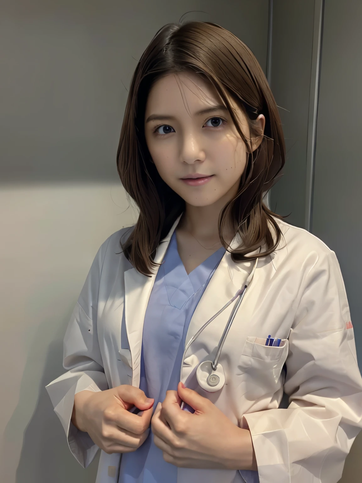 (kawashimaumika), (highest quality),In a hospital examination room with natural light、Generate a cowboy shot image of a woman with smooth hair as a female doctor。She wore a lab coat over her scrubs.、Holding a stethoscope in hand。Her expression is full of confidence、Make sure you look professional。In the background、The image shows an examination room equipped with medical equipment and supplies.、It has a hospital atmosphere。Her hair is smooth and well-groomed.、It exudes cleanliness and professionalism.。Her pose is natural yet powerful.、Impress observers with your confidence and expertise。The generated image iedical related ads and websites、It is intended for use in medical journals, etc.。