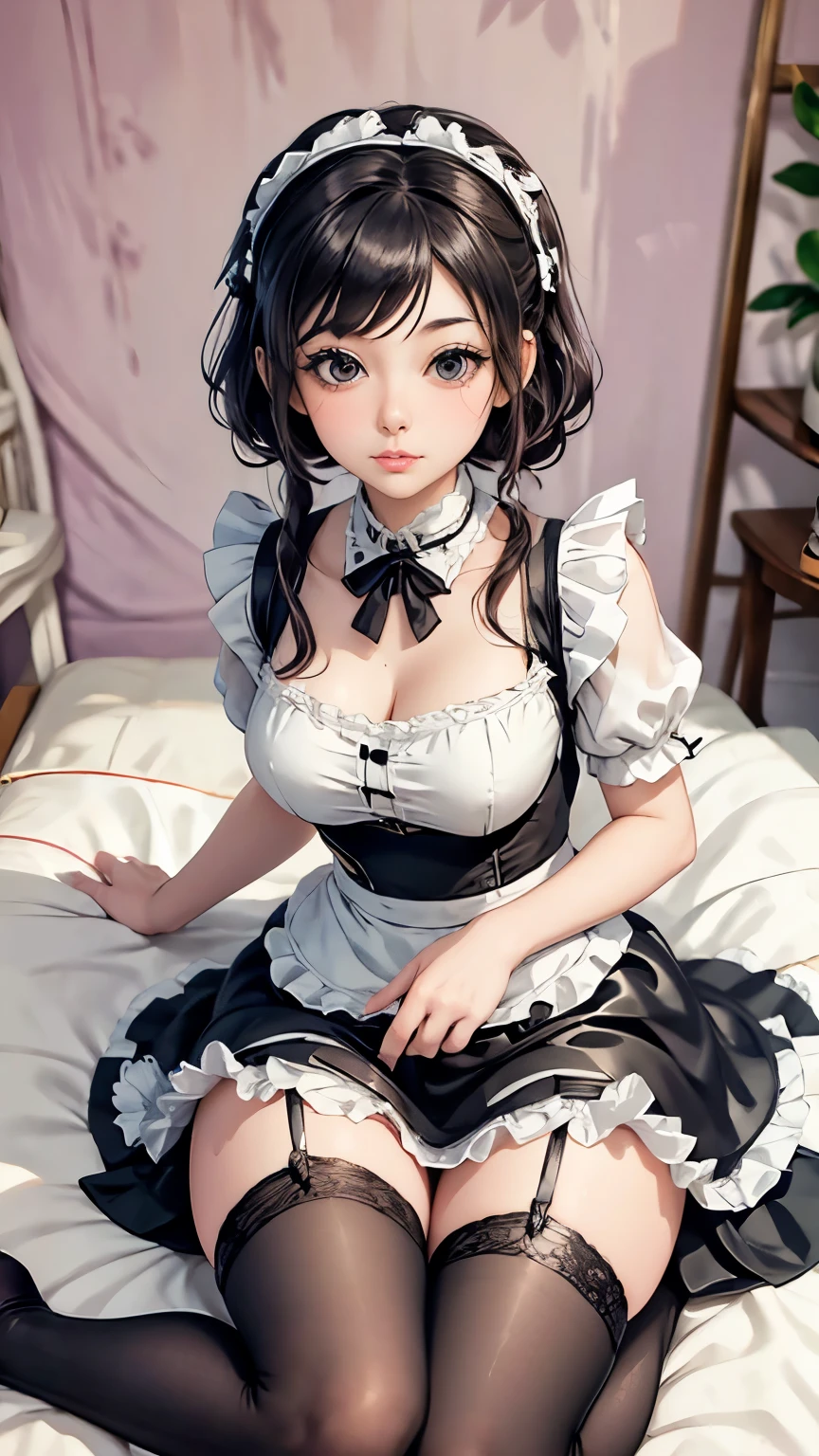 (top-quality)、(detaileds)、(1 girl in)、Colossal tits、livingroom、looking at viewert、Beautiful green eyes、A dark-haired、detaileds、maid clothes、black and white maid uniform、Highly exposed、Bend over in a deep valley、embarrassed from