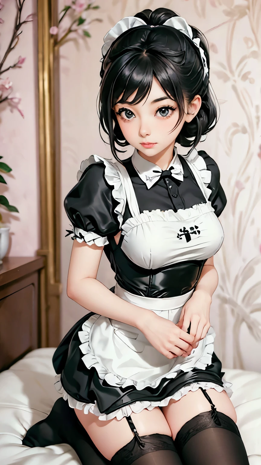 arafed woman in a black and white dress and white socks, a pastel by Tadashige Ono, flickr, shin hanga, maid outfit, maid costume, french maid, thighhighs and skirt, wearing maid uniform, gorgeous maid, maid dress, japanese maid cafe, wearing atsuko kudo latex outfit, anime girl in real life