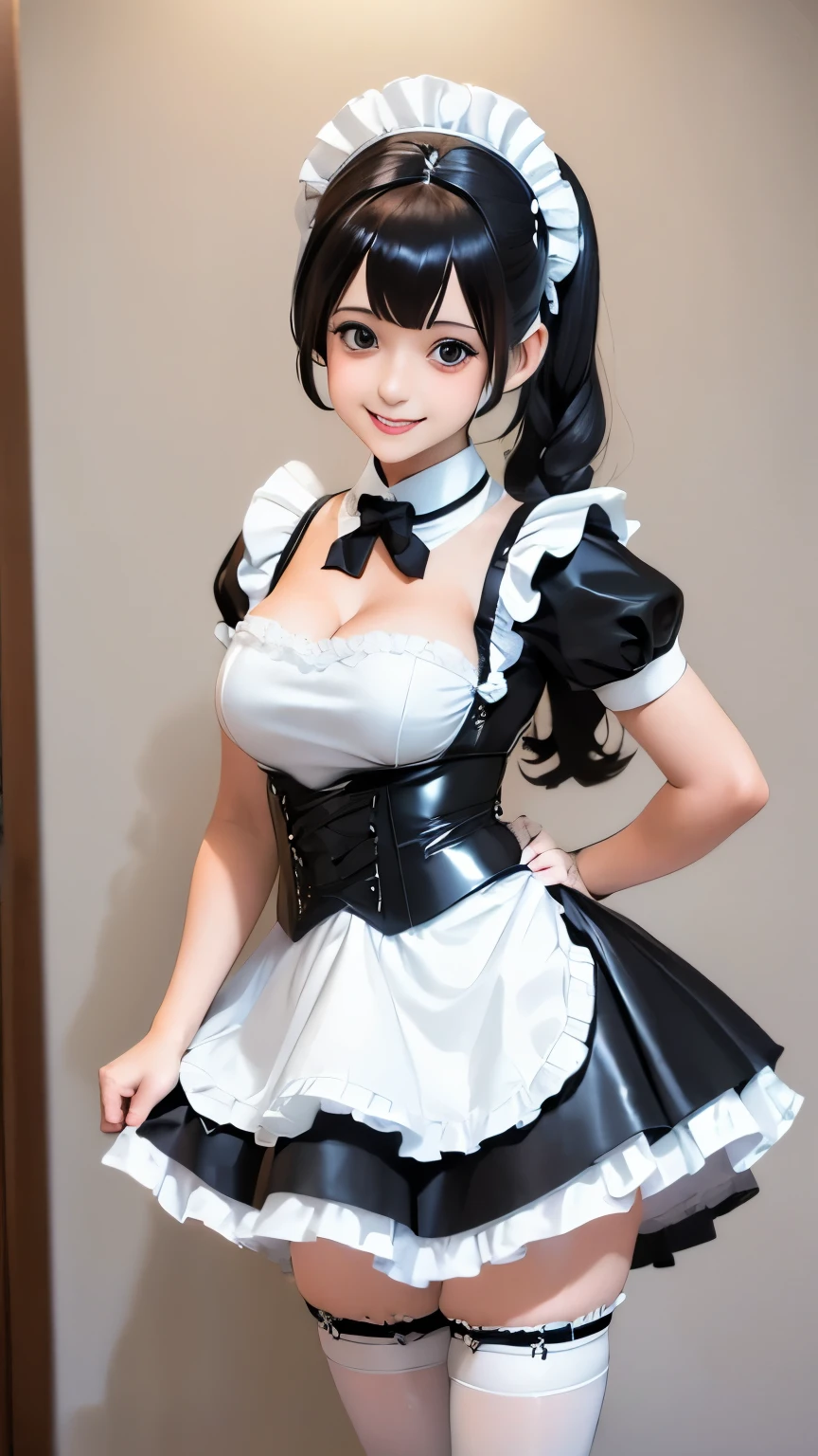 arafed woman in a black and white dress and white socks, maid outfit, maid costume, french maid, thighhighs and skirt, wearing maid uniform, gorgeous maid, maid dress, japanese maid cafe, wearing atsuko kudo latex outfit, cosplay of a catboy! maid! dress, anime girl in real life, dressed as