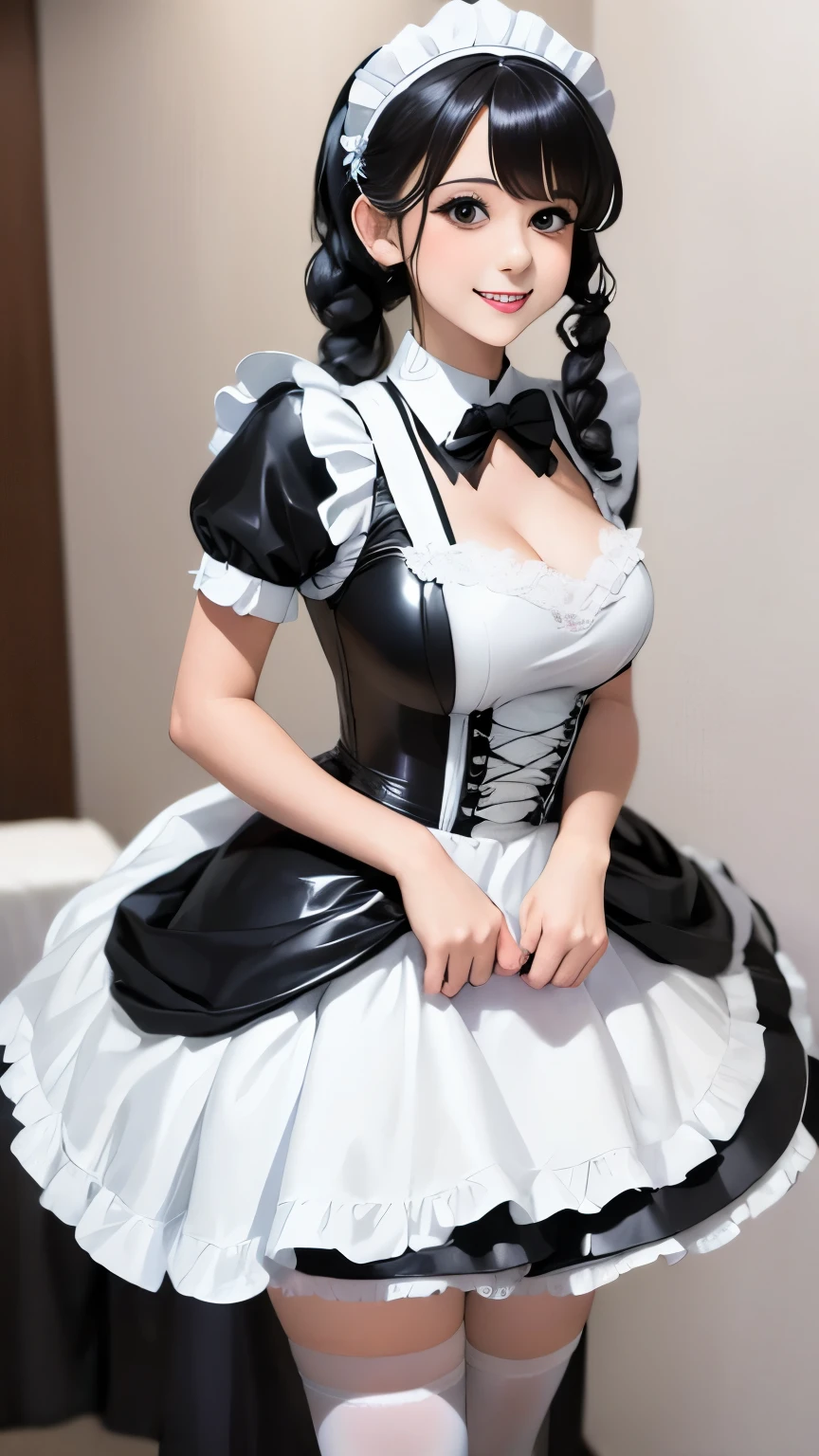 arafed woman in a black and white dress and white socks, maid outfit, maid costume, french maid, thighhighs and skirt, wearing maid uniform, gorgeous maid, maid dress, japanese maid cafe, wearing atsuko kudo latex outfit, cosplay of a catboy! maid! dress, anime girl in real life, dressed as 