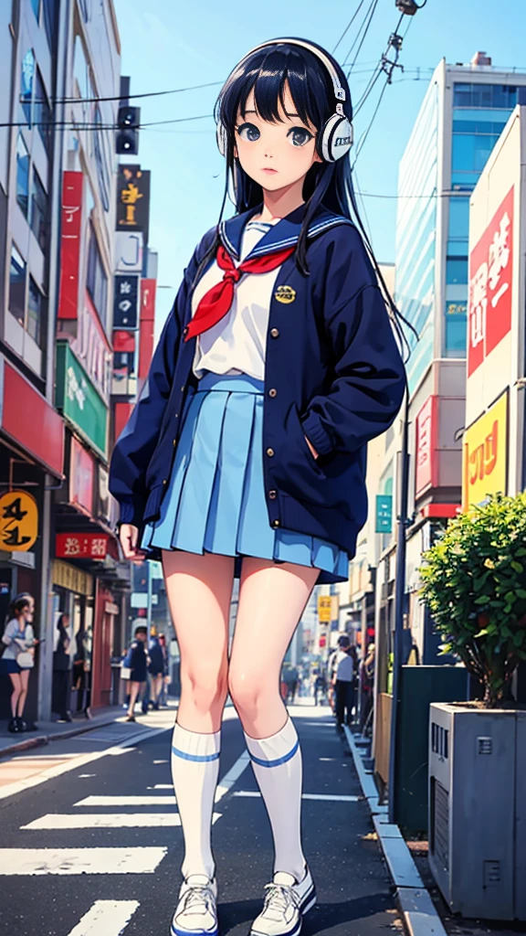 90s City Pop Art、City Pop Style、Sketch Style、LOFI Girl、Beautiful school girl、8 Head Model、Navy blue sailor suit、White sweater、mini skirt、Knee-high socks、Stroll around Harajuku、Headphones 1.2、listen to music、Big eyes、whole body、1 person、Cowboy Shot