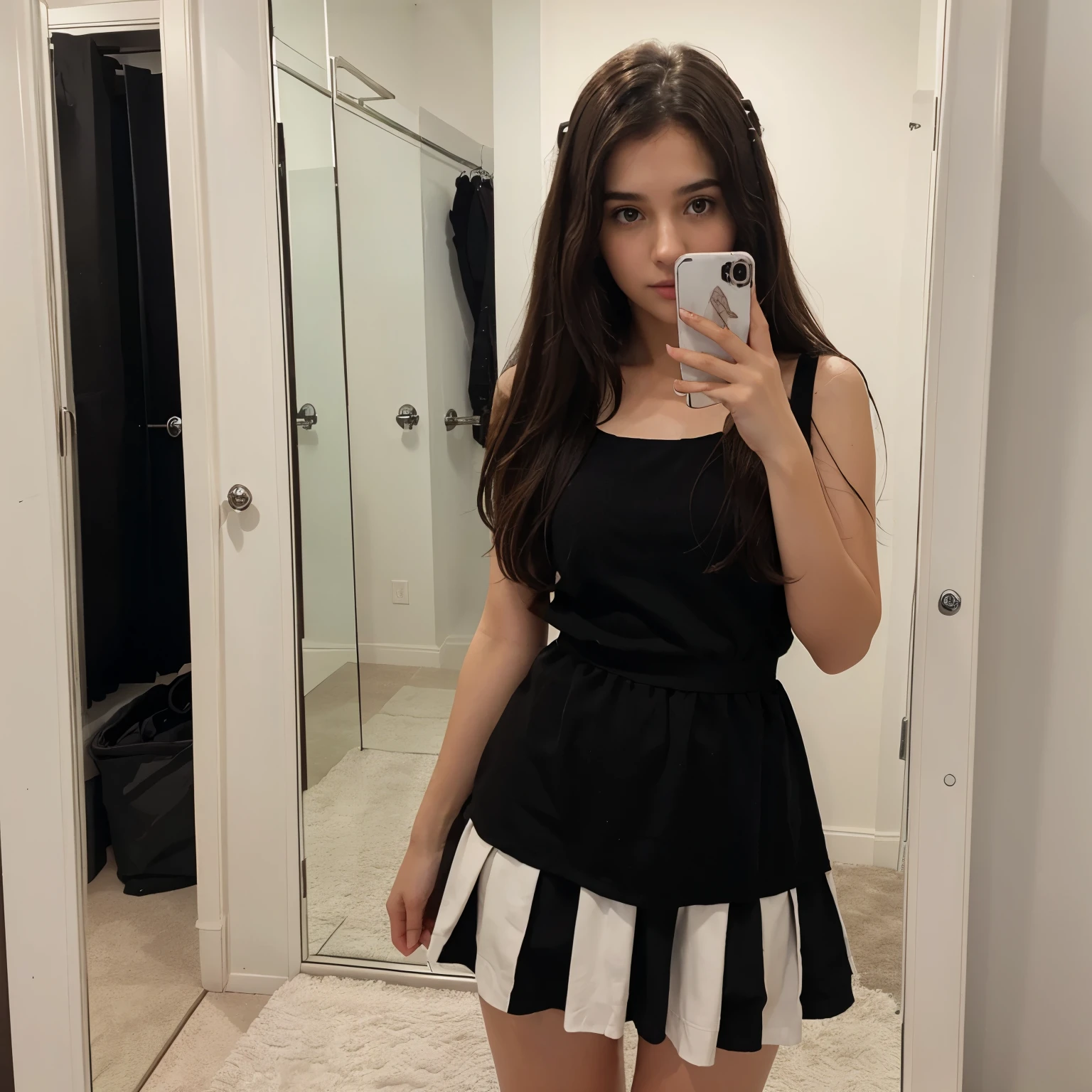 Black and brown mixed hair,brown eyes, milky white skin, Canadian girl, 19yr old ,mirror selfie pic  , with skirt, wear full black dress