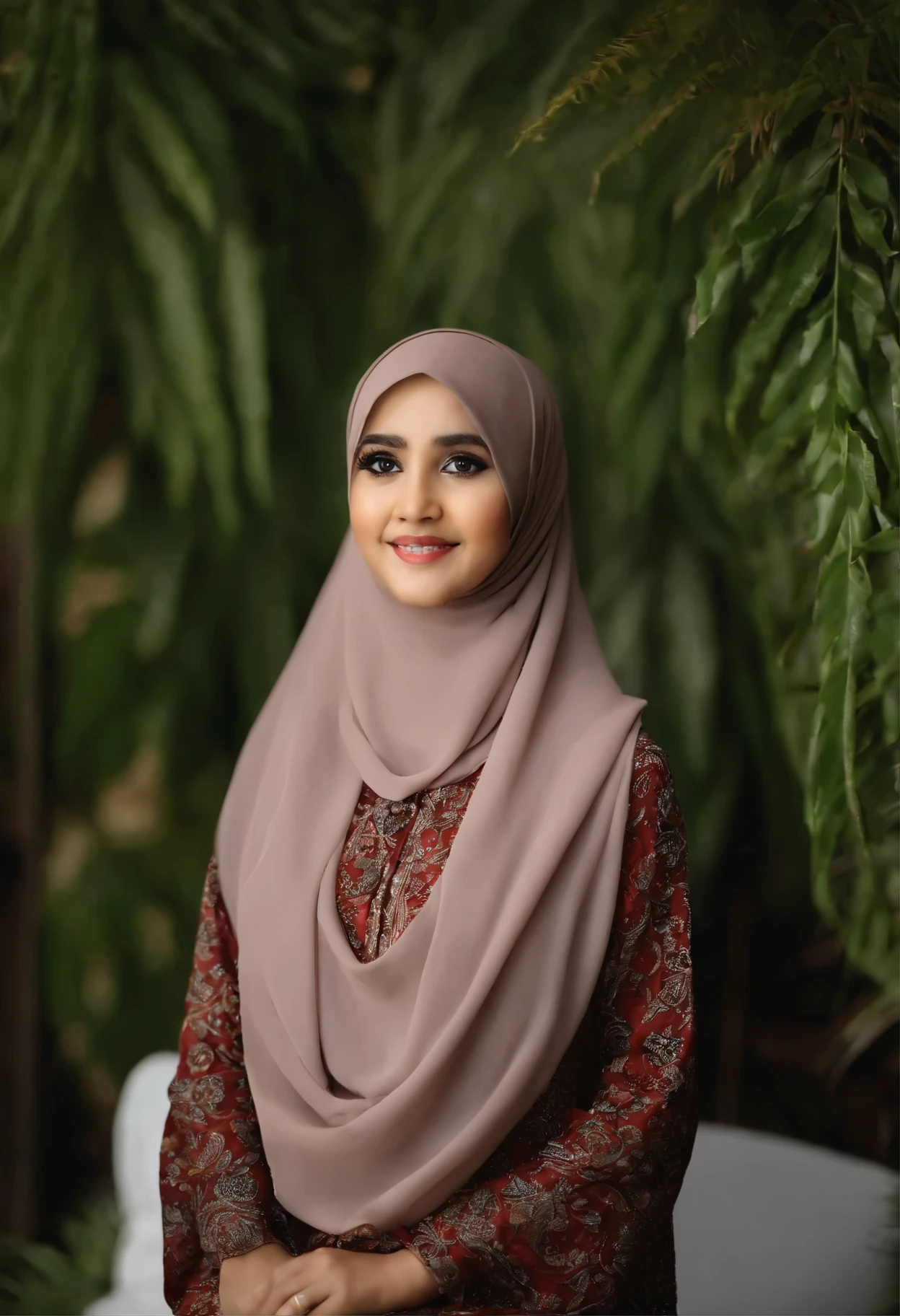 Foto studio keluarga muda 3 orang. ayah, ibu, dan anak. memakai baju yang sama yaitu batik. Ayah berumur 28 tahun dengan tatanan rambut tipis rapi, ibu berumur 24 tahun memakai hijab yang senada dengan baju. Anak perempuan usia 2 tahun memakai hijab yang senada dengan baju. Background hitam, reaslistis, detail, 4k