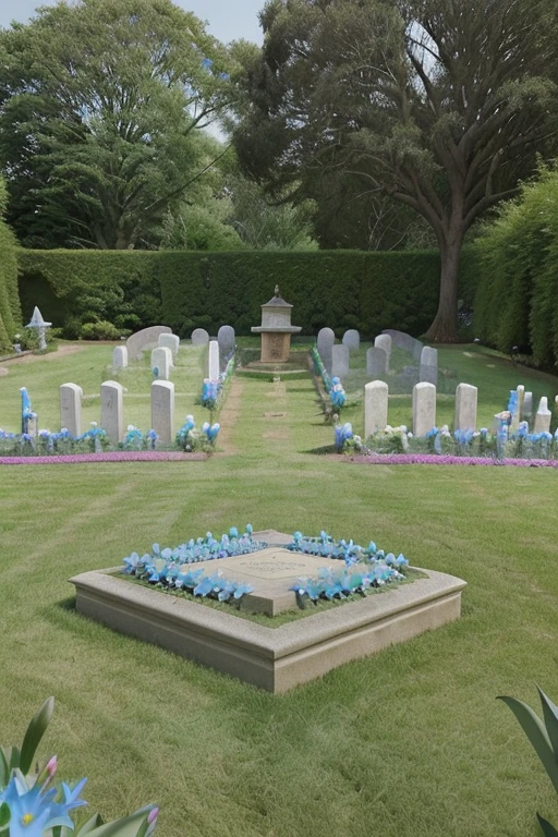 Two grave of prince and princess on a secluded area with garden pink and blue lilies 
