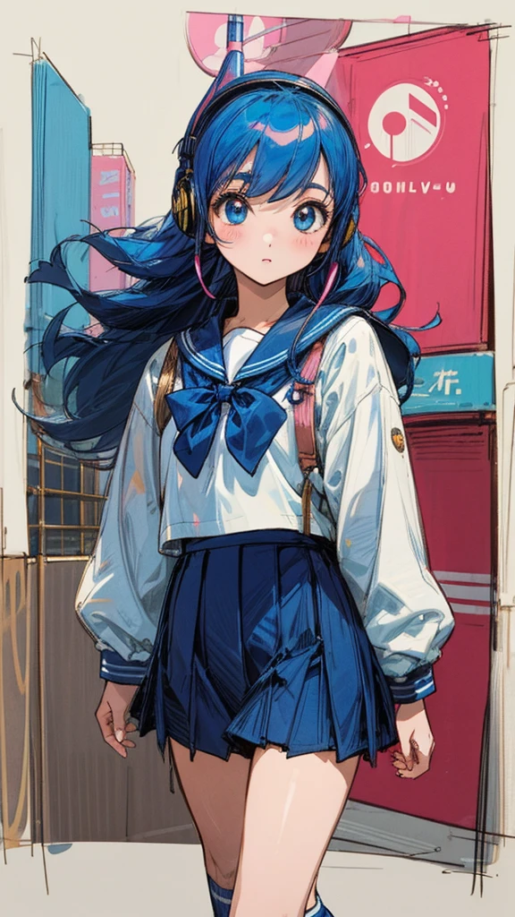 90s City Pop Art、City pop style、sketch style、lofi girl、Beautiful high school girl、8 headodel、Navy blue sailor uniform、White sweater、mini skirt、Knee-high socks、Walking around Harajuku、Headphones 1.2、Listening to music、big eye、whole body、1 person、Cowboy Shot、Listening to music