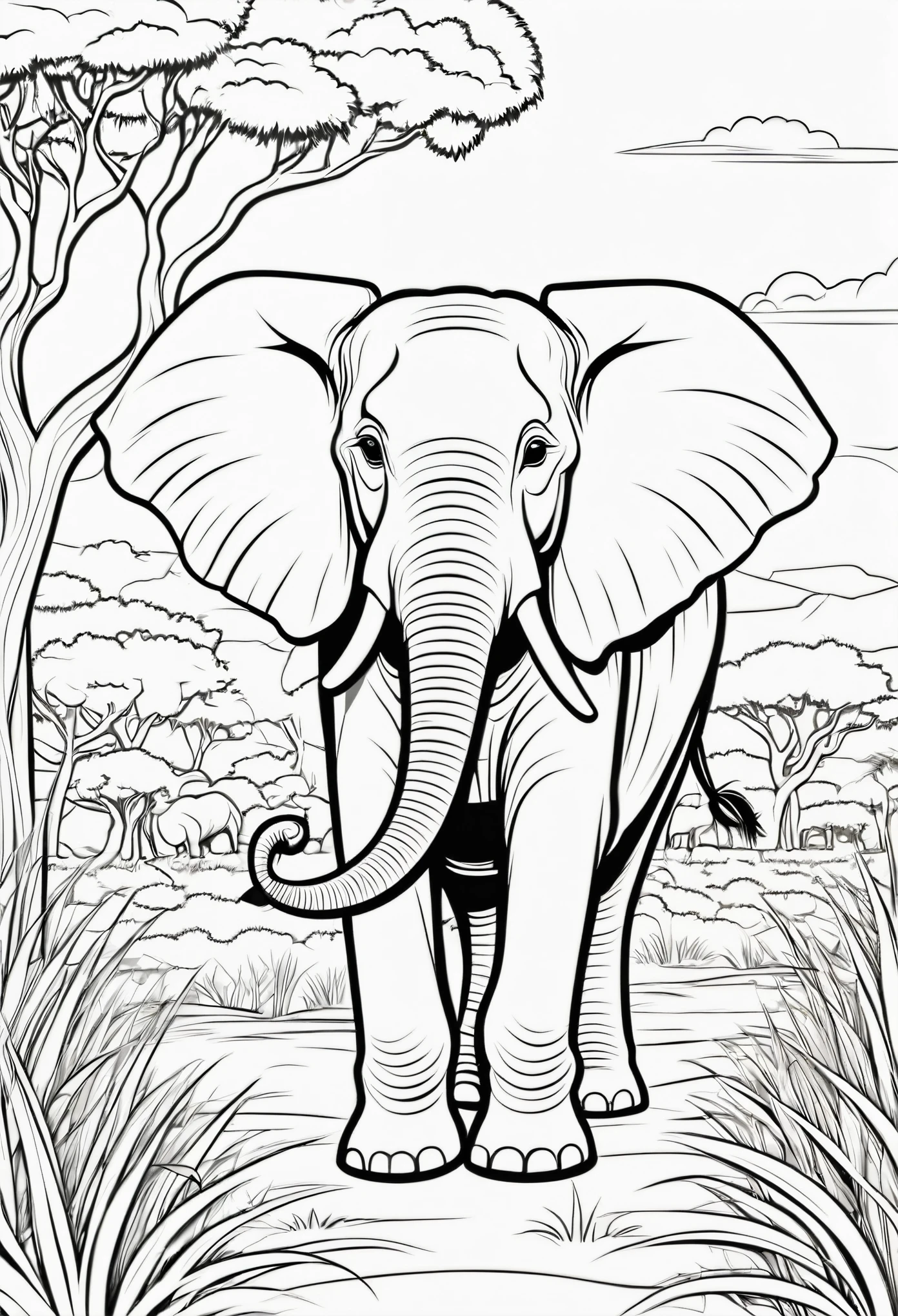 coloring page for , Elephant heard roaming the plains of african with lots of bushes and big trees, cartoon style, thick lines
