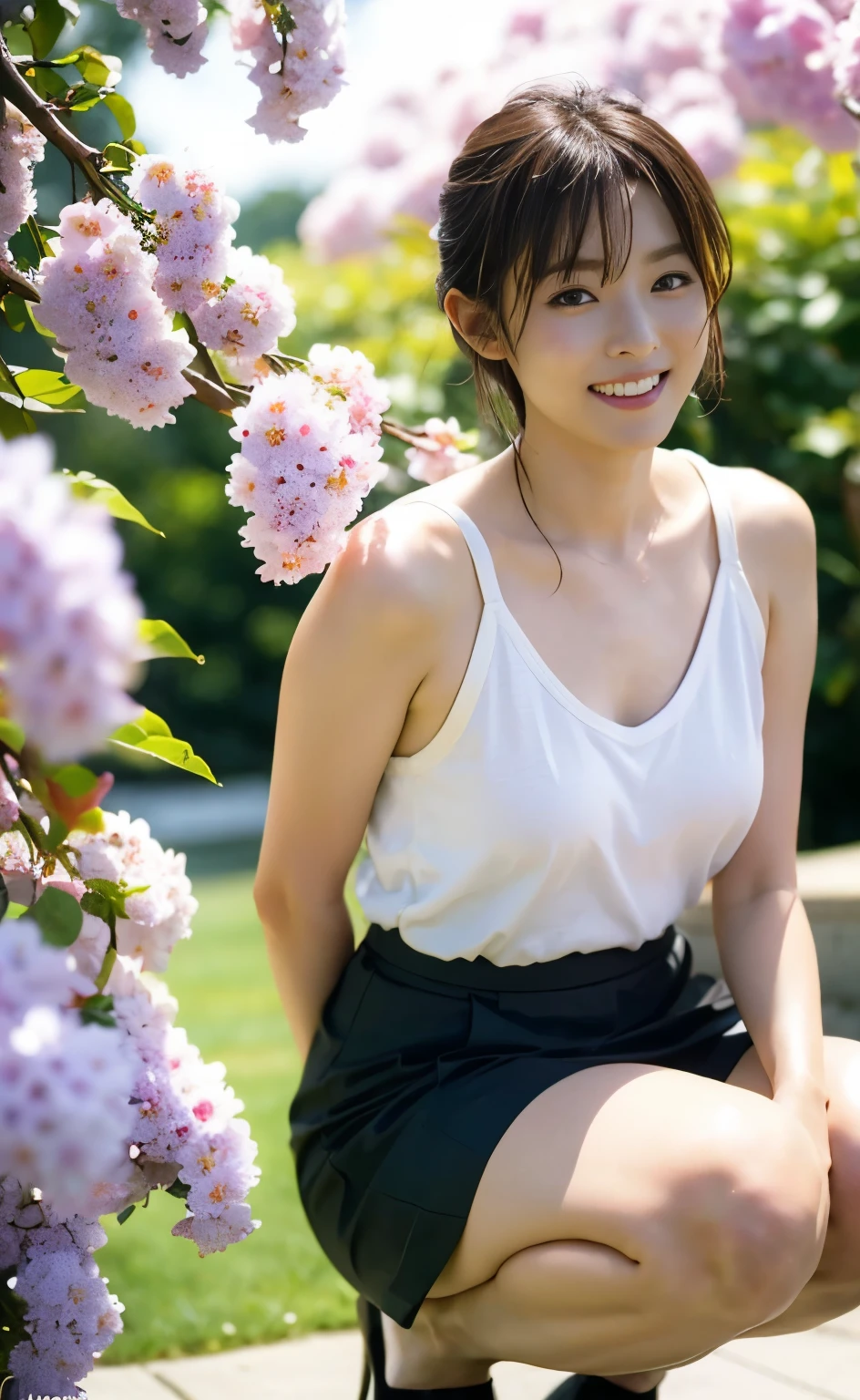 ((perfectionな解剖学で手足を丁寧に描写)) ,Masterpiece,Ulzan 6500,(Photorealistic, capturing the essence of movement),(((Her short hair is set in an outward curl.))),1 female,He has a slim, muscular body that looks like a coke bottle, and long, slender legs.,((Beautifully blooming wisteria flowers line a straight trellis for about 100 meters.,A beautiful woman squatting and looking up at the wisteria, smiling with satisfaction)),Wearing a T-shirt, a long pleated skirt and stiletto heels,4k photo from behind,masterpiece,最high quality,perfectionな顔, perfection,((One beautiful tourist with brown eyes and hair)),Highly detailed face, Fine grain, A smile with the corners of the mouth raised, summer, Daytime,Full body portrait including feet,((Photos that capture the essence of the action:1.4)),(Skin with attention to detail:1.2),4K Ultra HD Digital SLR,high quality,Film Grain,Fujifilm XT3,A scene from a classic movie,(Saiharu Body),(Delicate eyes and face),Professional angle,Excellent detail,Beauty condensed in 1girl,Beautiful chestnut-colored bouncy hair,繊細でHigh noseを持つ美しい顔,Long limbs like a model,Tight waist,High nose, Clear chestnut eyes, Glossy lips,