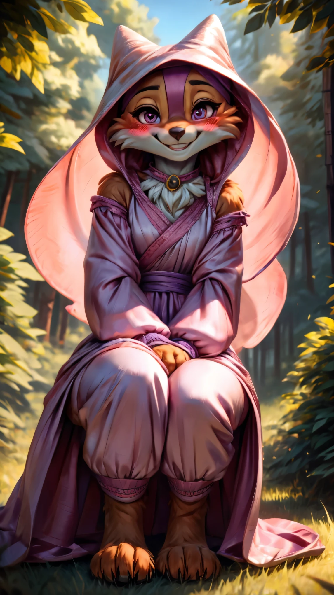 ((((feet visible:1.5)))),((((smile:1.5)))),(heart shaped pupils:1.5),(((Very detailed eyes:1.5))),Ultra HD,Ultra HD,(((blush:1.8))),maidmarian,((Beautiful Forest)),furry body,((((anime style)))),(((cute)))