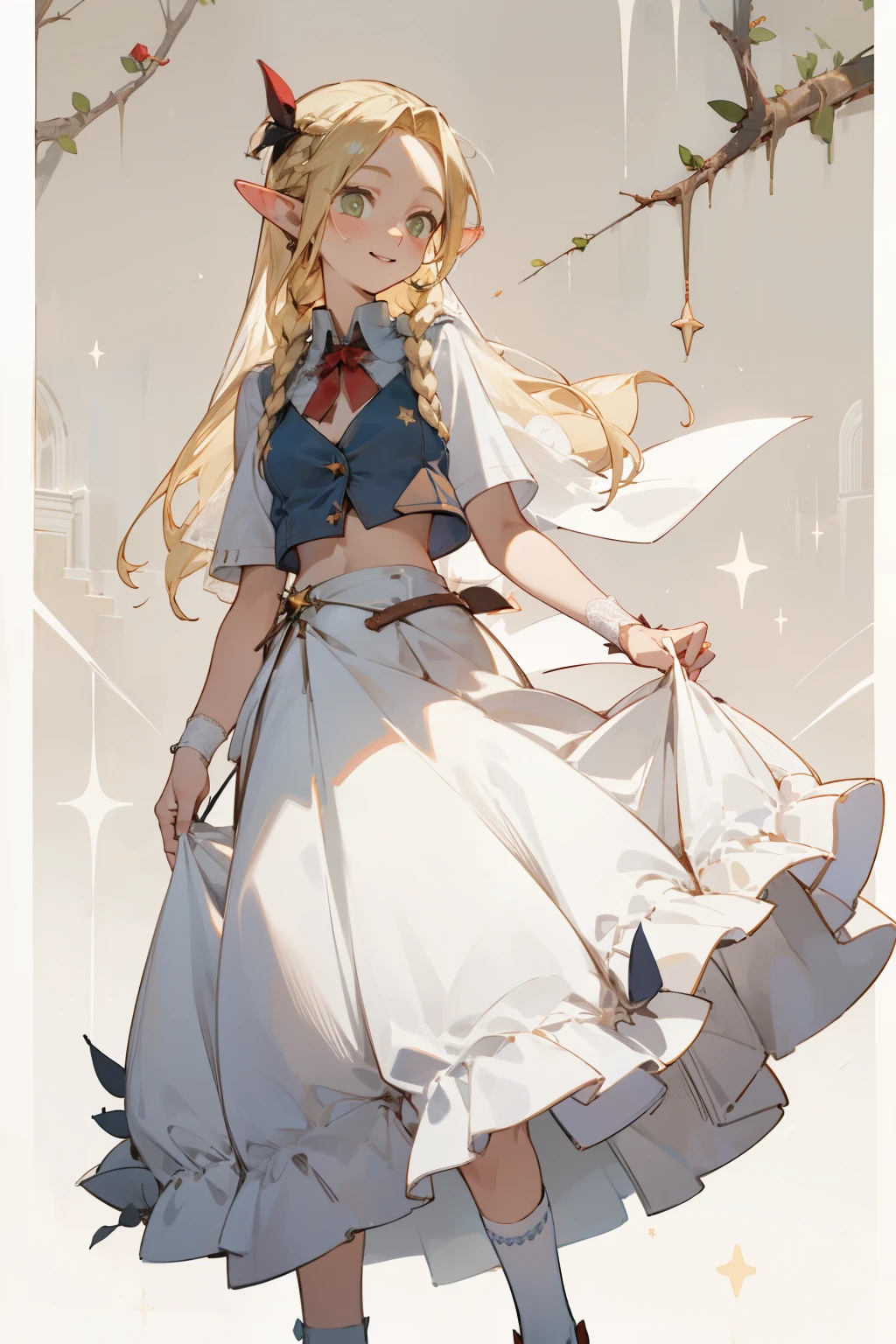 A bikini、Blonde girl wearing hat and silver accessories ,elegant, Pointed ears ,Wedding dress,Waist-length hair,Smile,Star decoration,White lace socks,thorns,Rose,Vest line