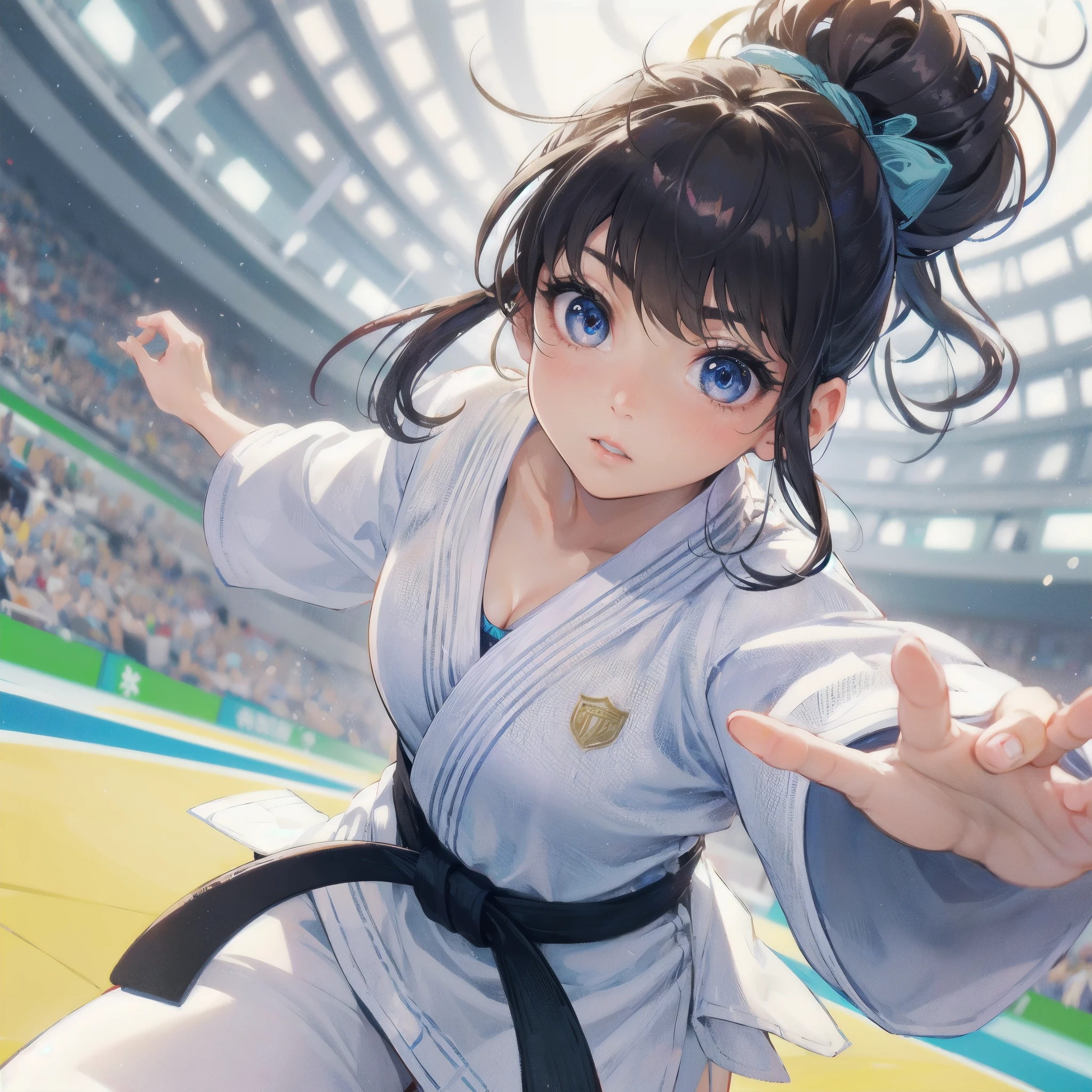 high quality,HD,16k,sharp lines,1 girl,Female judo athlete ,cute face, large breasts, nice legs,At the judo venue,focus girl,detailed beautiful face,detailed clothes,beautiful eyes,cool,dynamic angle