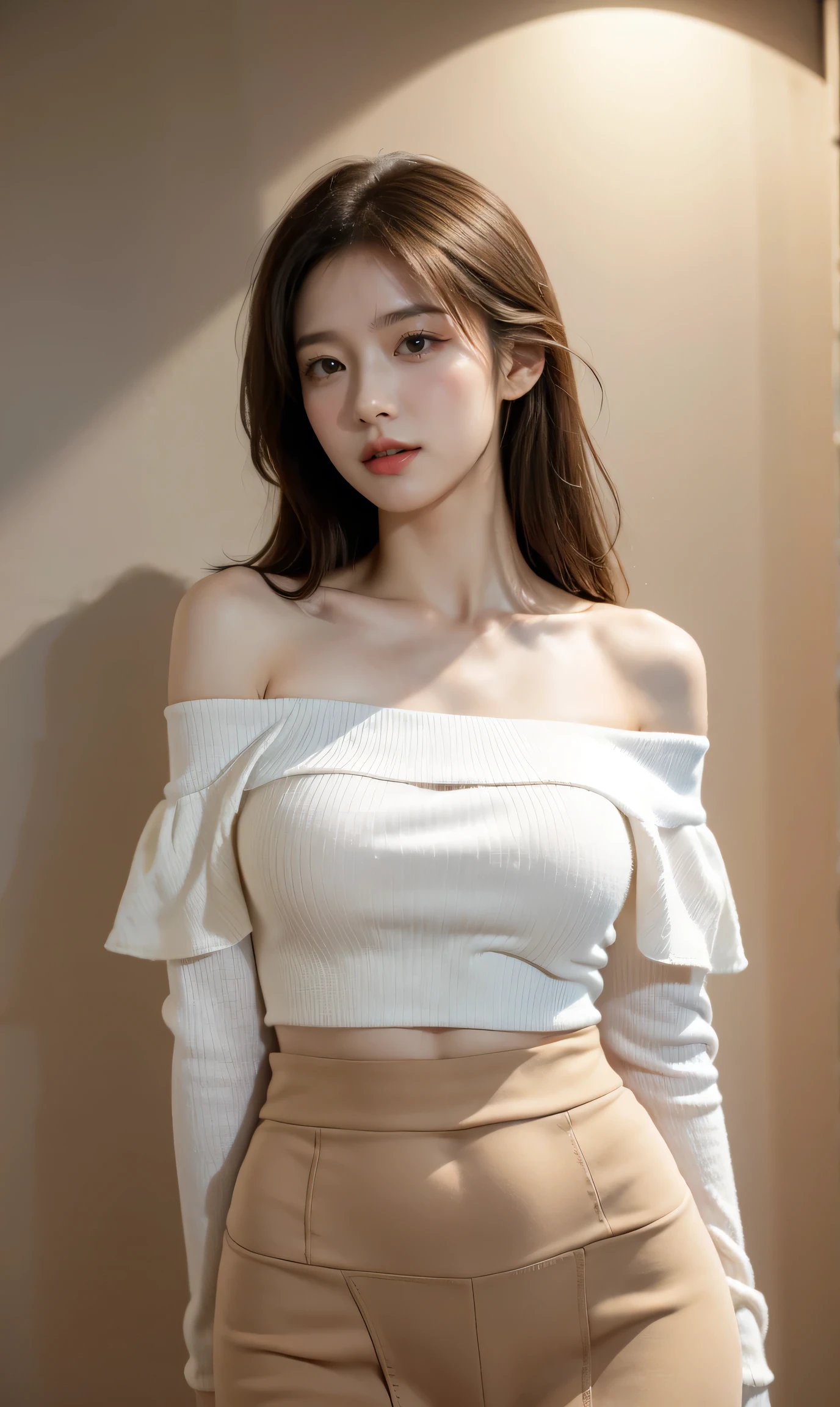 Ulzzang-6500-v1.1, (RAW Photos:1.2), (Realistic:1.4), Beautiful detailed girl, Very detailed eyes and face, Beautiful and fine details, Ridiculous, Incredibly ridiculous, Huge file sizes, Very detailed, High resolution, Very detailed, highest quality, Tabletop, ((off-the-shoulder white shirt)), figure, Very detailed, nffsw, Unified, 8K Wallpaper, wonderful, The finer details, Tabletop, highest quality, Highly detailed nffsw unity 8k wallpaper, Face Light, Cinema lighting, One girl, , (Look down)), ((Dynamic pose))), (Camel Toe), (profile),((Troubled face)),skirt,((Drooping eyes)),Leaning forward、Place your hand on your chest、(((Upper Body)))