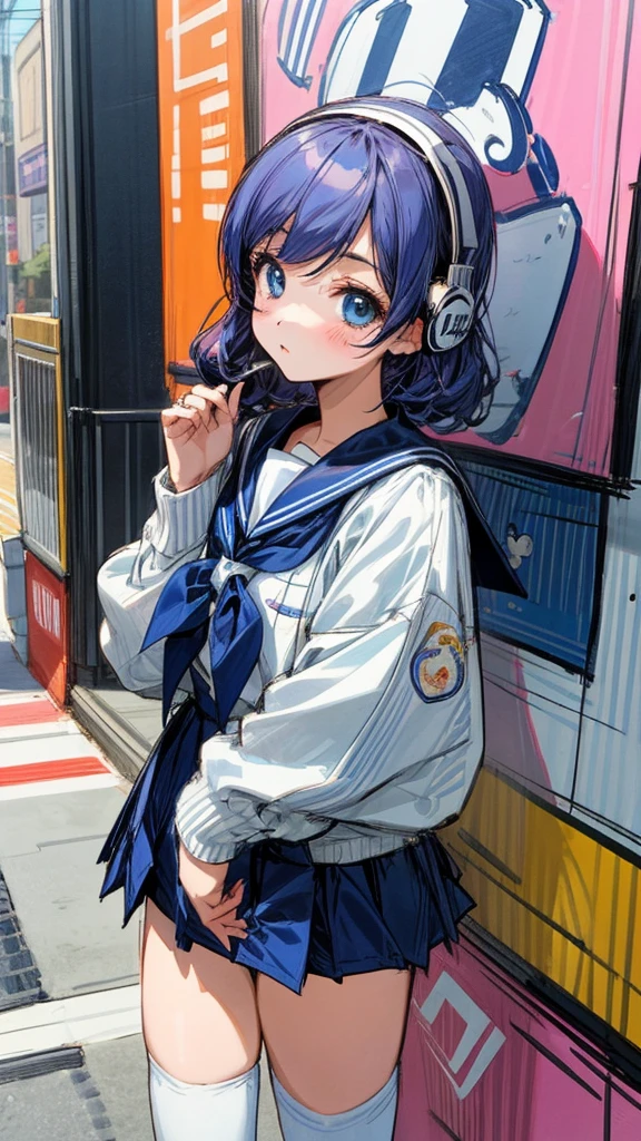 90s City Pop Art、City pop style、sketch style、lofi girl、Beautiful high school girl、8 headodel、Navy blue sailor uniform、White sweater、mini skirt、Knee-high socks、Walking around Harajuku、Headphones 1.2、Listening to music、big eye、whole body、1 person、Cowboy Shot、Listening to music