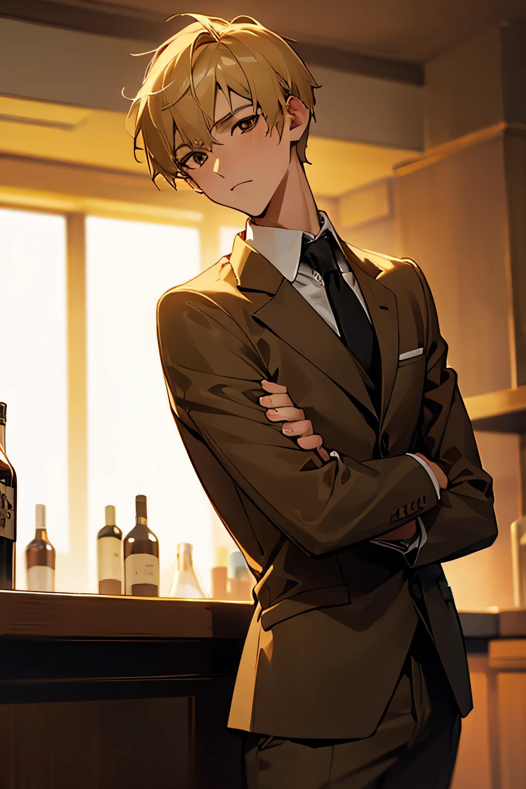 adult male, short hair, blonde hair, brown eyes, bartender suit