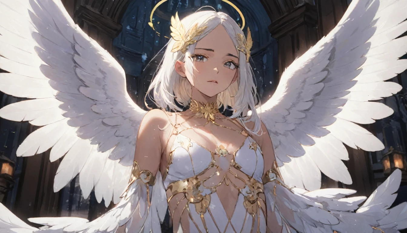 White and Gold, 电影照片whole body女性天使, Her appearance perfectly blends the ancient mystery. Have the face and style of a contemporary supermodel, She exudes a kind of cold and detached beauty, Giant angel feather wings, (masterpiece, best quality, great, Unity&#39;s highly detailed、8k wallpaper, Depth of Field, Super detailed illustrations:1.5)、3D, Extremely detailed, (whole body、Mechanical Elf Girl:1.3), sci-fi battlefield, hawken, Smile, open mouth, Short Ponytail, (white blonde, Deep blue eyes:1.2), Bright Eyes, Cute face, Kawaii, Large Breasts, Fine hair, Messy hair, (((Flying in the sky))、Blue sky, White Cloud), Shiny hair, Glowing skin, (Symmetrical mechanical wing、Metallic colored mechanical wings that are widely expanded to the left and right so that they protrude greatly from the screen, hat, White hair ornaments), (Light Particles, Movie Lighting: 1.3), (Thin pink lips: 0.8), 