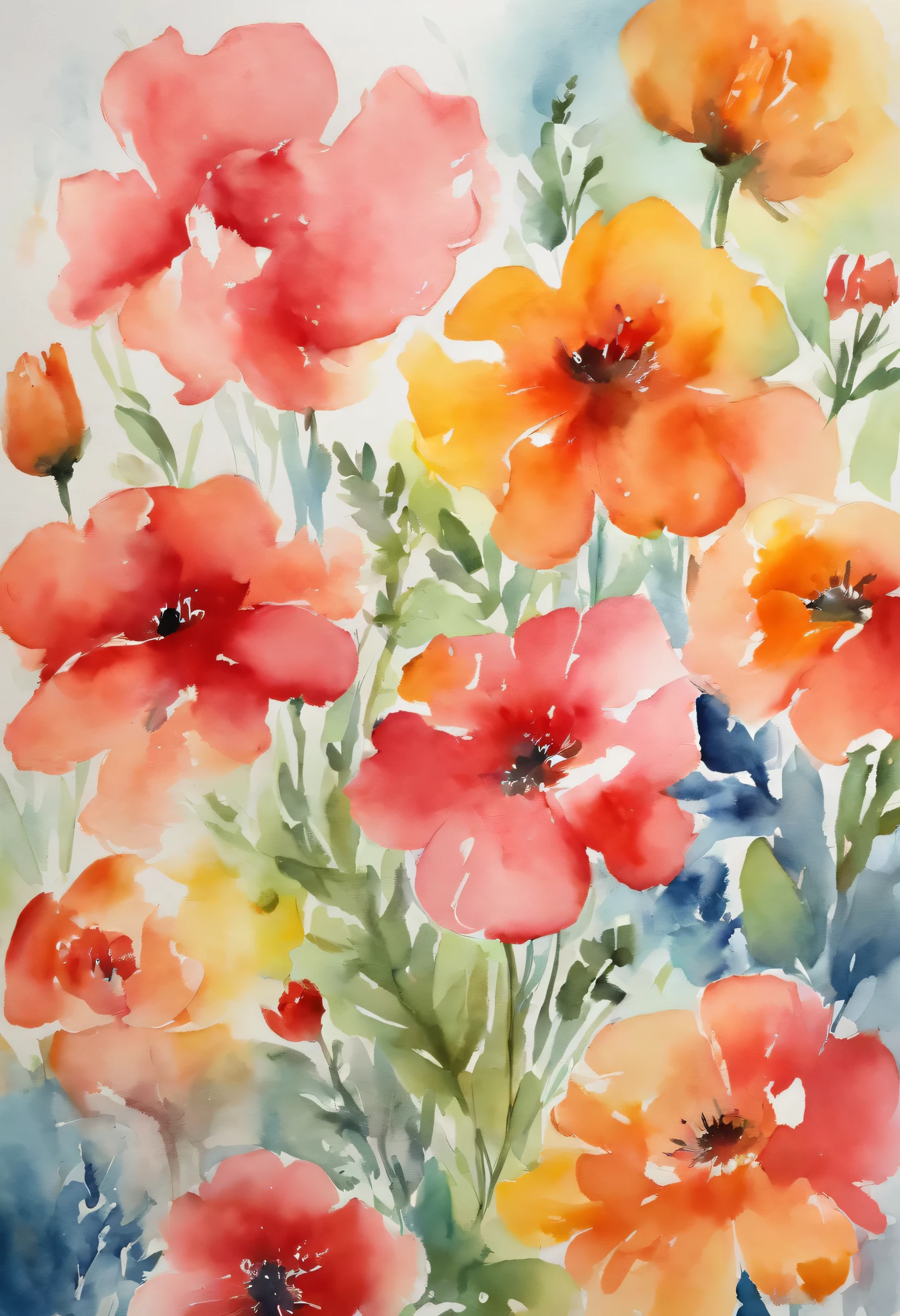 Reverse watercolor. Witch 100% Reverse watercolor , Complete Mary Cassatt&#39;Precise strokes , This image depicts a colorful watercolor painting of watercolor flowers. Many flowers are depicted, Each is painted in vibrant colors like red, Pink Color, orange, And blue. Colors that seem to flow and blend with the flowers, Create an ethereal effect. Because of the watercolor technique used, There is no clear distinction between the elements, The palette features soft edges and blended shadows.

