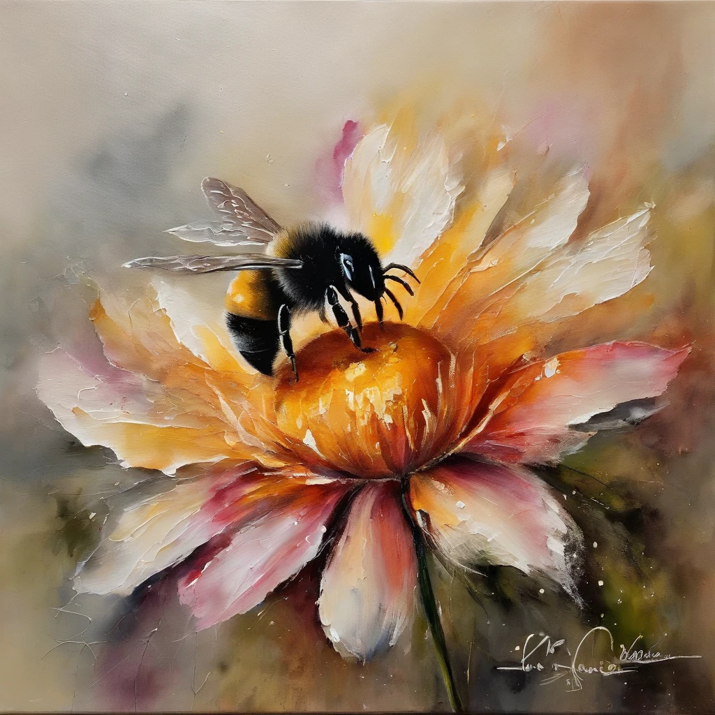 You are viewing a vibrant, textured painting depicting a bee perched on a "cosmos bipinnatus" flower. The technique used is watercolor paint. The colors are vivid and rich., there is a prevalence of warm tones in the flower, with petals ranging from soft pink to shades of magenta and accents of cream and yellow ocher. Estos contrastan hermosamente con la abeja, which is painted with a mix of deep blacks, anaranjados, amarillos y blancos, capturing the light and shadow of its shape and characteristic furry texture.
Las pinceladas son audaces y expresivas, adding a sense of movement and vitality to the work. Applying the paint to areas such as the bee's wings suggests transparency and delicacy., while in other areas such as the body, the brush strokes are heavy and tactile, which gives a sensation of solidity and volume.
En conjunto, The technique and use of color in the painting work together to give an impression of humming and activity that one associates with the bee.. Despite the static nature of the artwork, There is a dynamic energy captured in the textures and in the way the bee appears to be momentarily at rest on the flower., tal vez recolectando polen.
The composition itself focuses the viewer's attention firmly on the bee's interaction with the flower, using the arrangement of colors and brushstrokes to guide the eye across the entire surface of the work. Hay un juego interesante entre el detalle y el abstracto; mientras que la abeja y la flor son reconocibles, The way the paint is applied gives way to an interpretation where the shape merges with the color, light and shadow in a way that invites the viewer to a deeper observation.
The background of the painting is less defined, with darker colors and less tonal variation