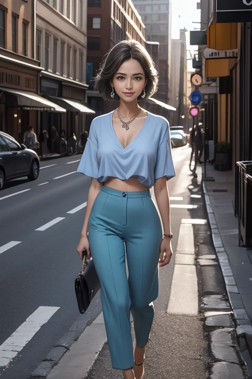 highest quality, Very detailed, masterpiece, 1 person,woman,(((完璧なwomanの体))),Very beautiful face, Very beautiful body,Gentle expression, Very beautiful eyes,(Perfect Makeup:1.1),Fashion Model,short hair,Shaggy Hair,Light blue hair:1.3, Very thin body,Smart Abs,Big size short sleeve blouse,cargo pants,necklace,anklet,Elegant Pumps,A kind smile,Full body portrait,(Street background:1.3), (Shiny skin),(Earrings),